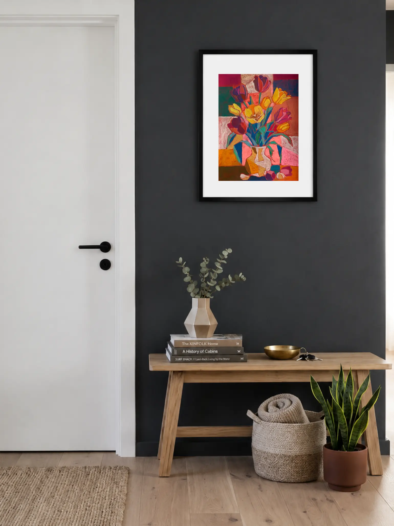 An original cubist tulips still life painting in soft pastel, showcasing a geometric vase with vibrant yellow, red, and purple tulips against a patterned background.