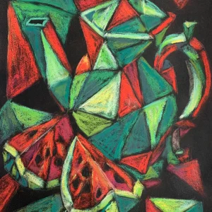 A vibrant cubist still life painting featuring geometric slices of watermelon and a colorful teapot drawn in soft pastels on a black background.