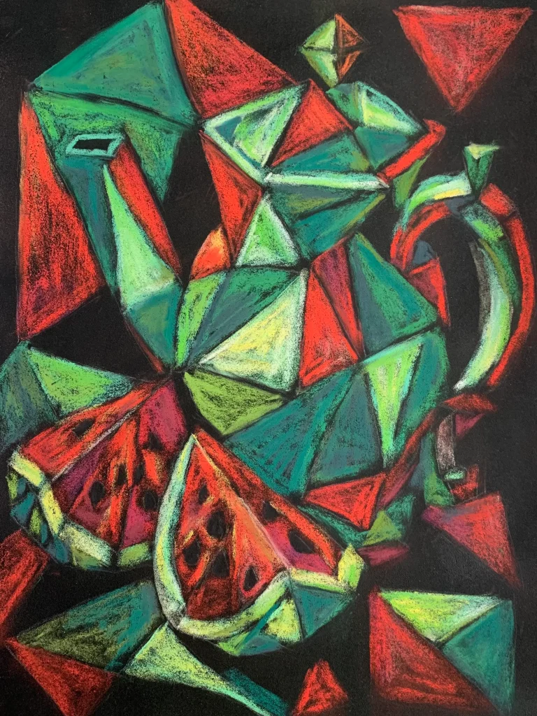 A vibrant cubist still life painting featuring geometric slices of watermelon and a colorful teapot drawn in soft pastels on a black background.