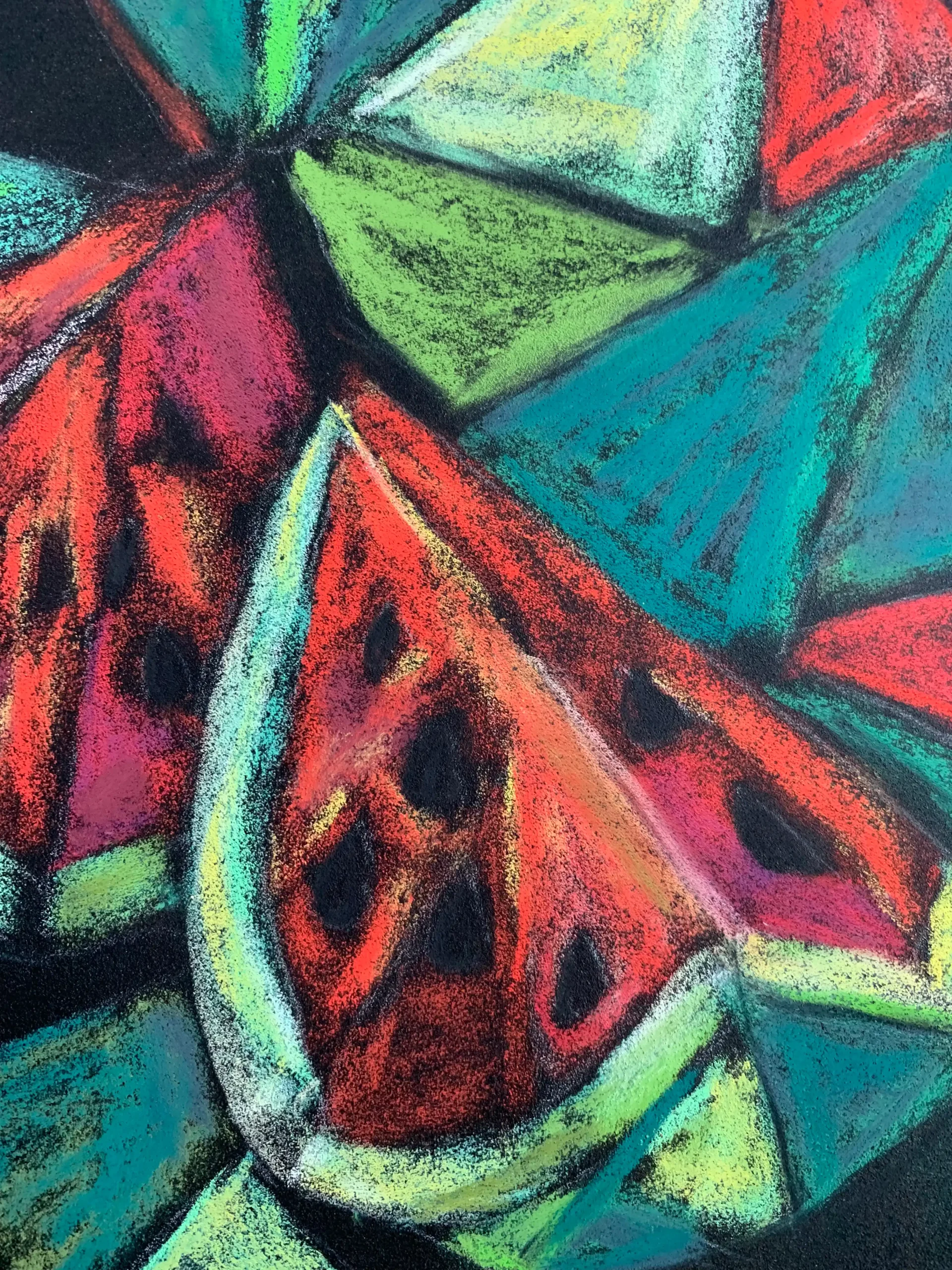 Shards of Summer — original pastel painting of a cubist watermelon still life by Volodymyr Savchenko