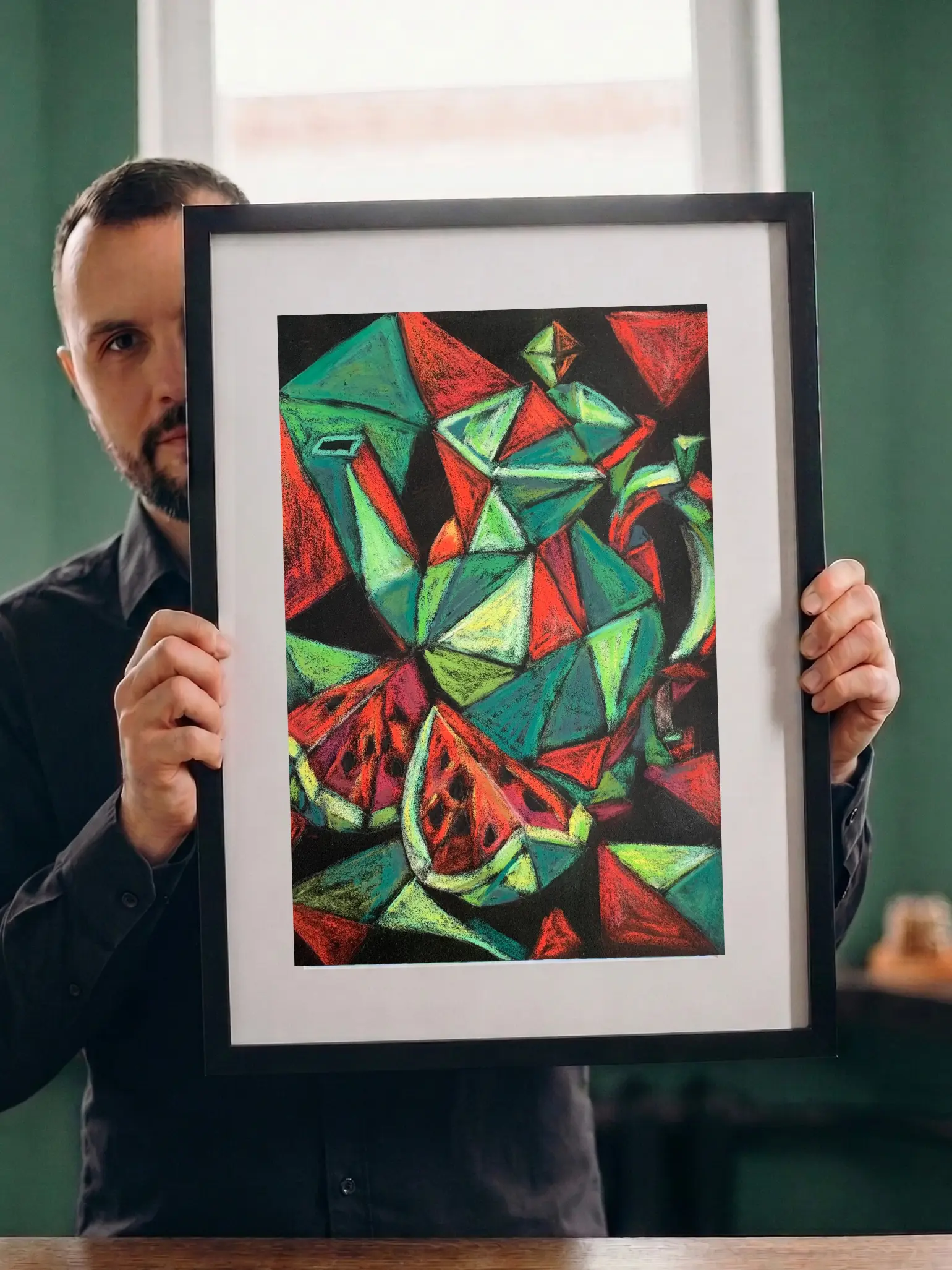 A vibrant cubist still life painting featuring geometric slices of watermelon and a colorful teapot drawn in soft pastels on a black background.