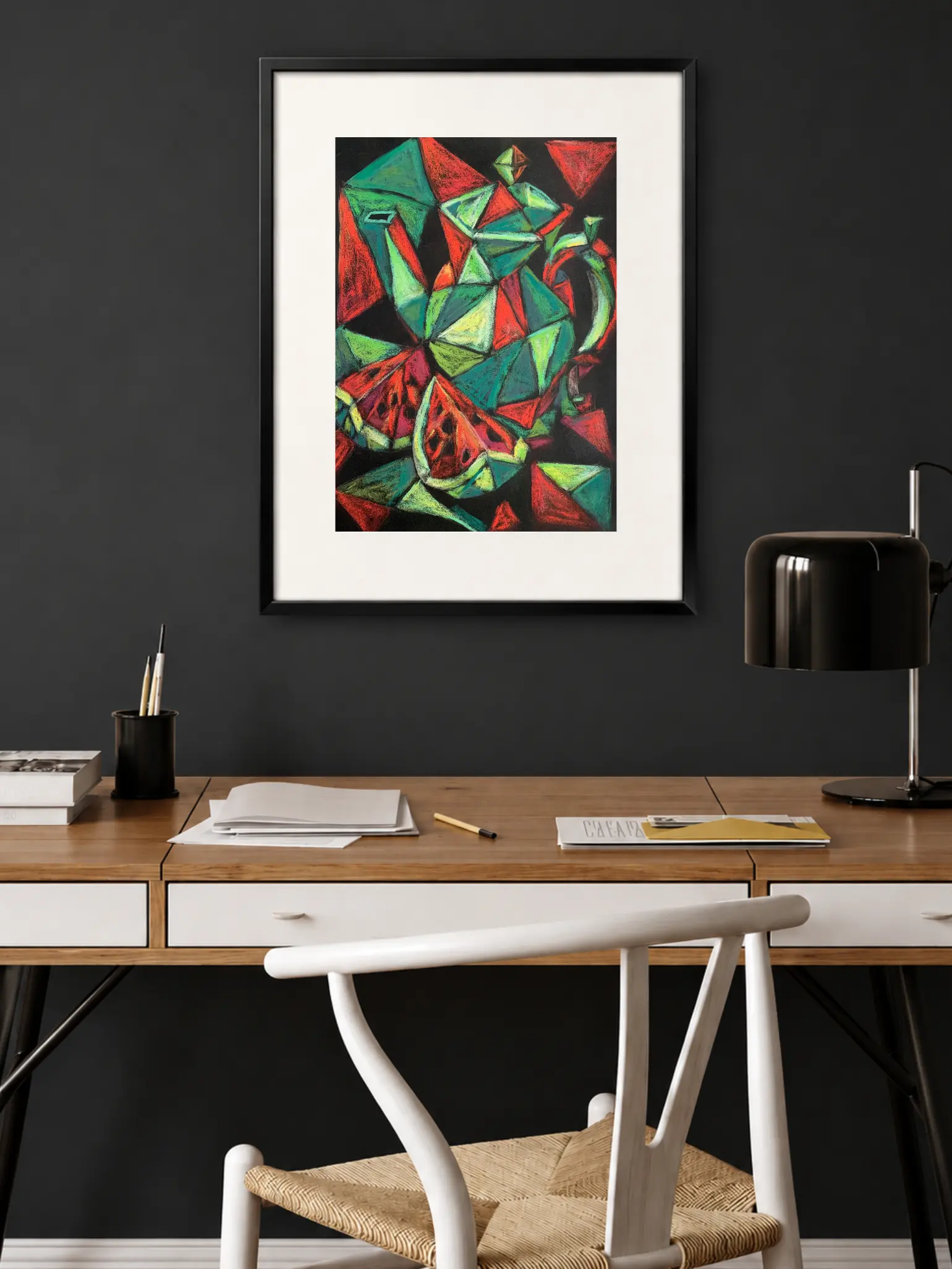 A vibrant cubist still life painting featuring geometric slices of watermelon and a colorful teapot drawn in soft pastels on a black background.