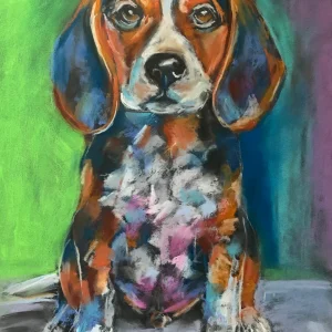 An original expressionist beagle puppy painting in soft pastel, depicting a sitting puppy with big brown eyes against a soft green, teal, and purple background.