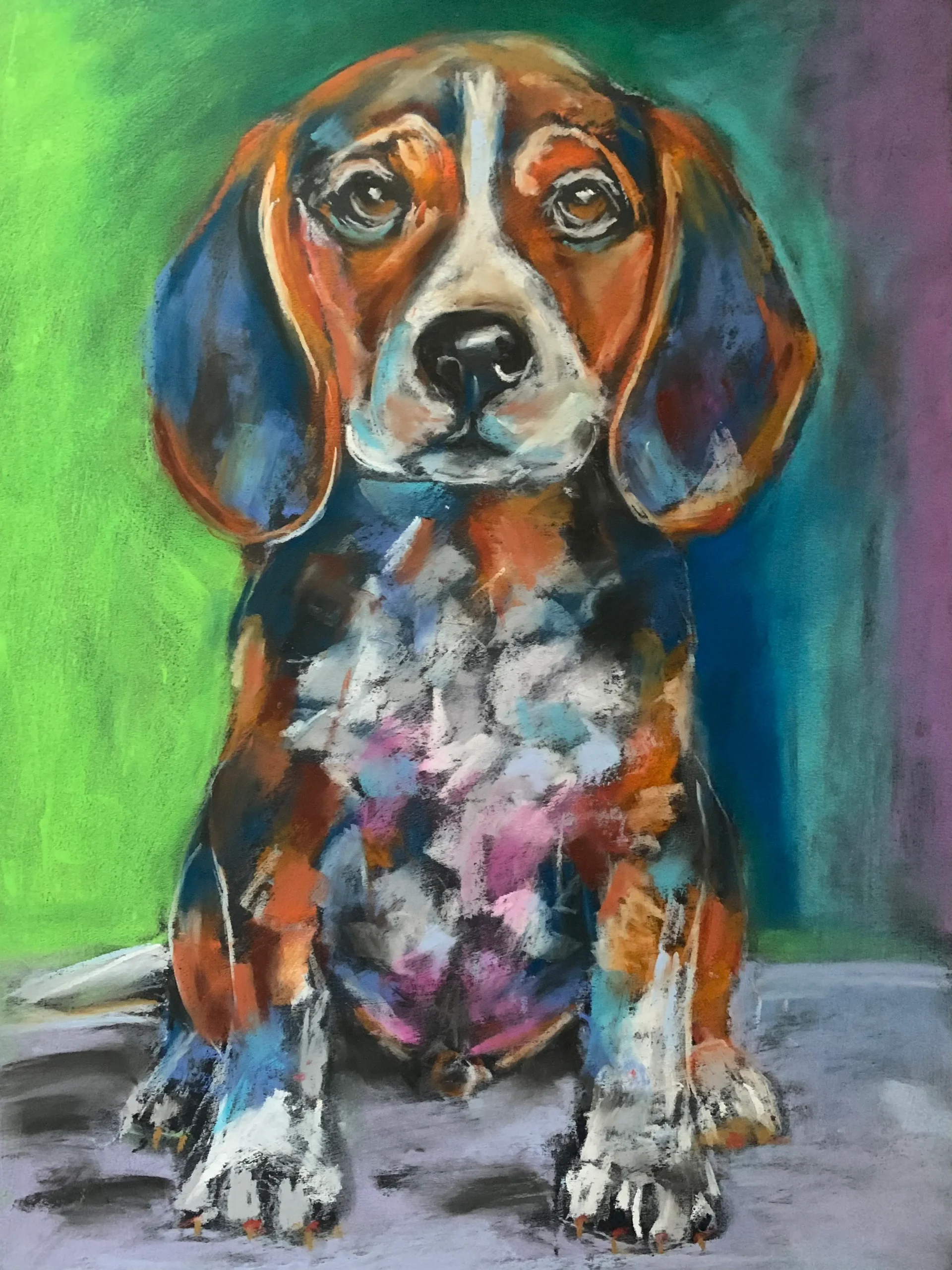 An original expressionist beagle puppy painting in soft pastel, depicting a sitting puppy with big brown eyes against a soft green, teal, and purple background.