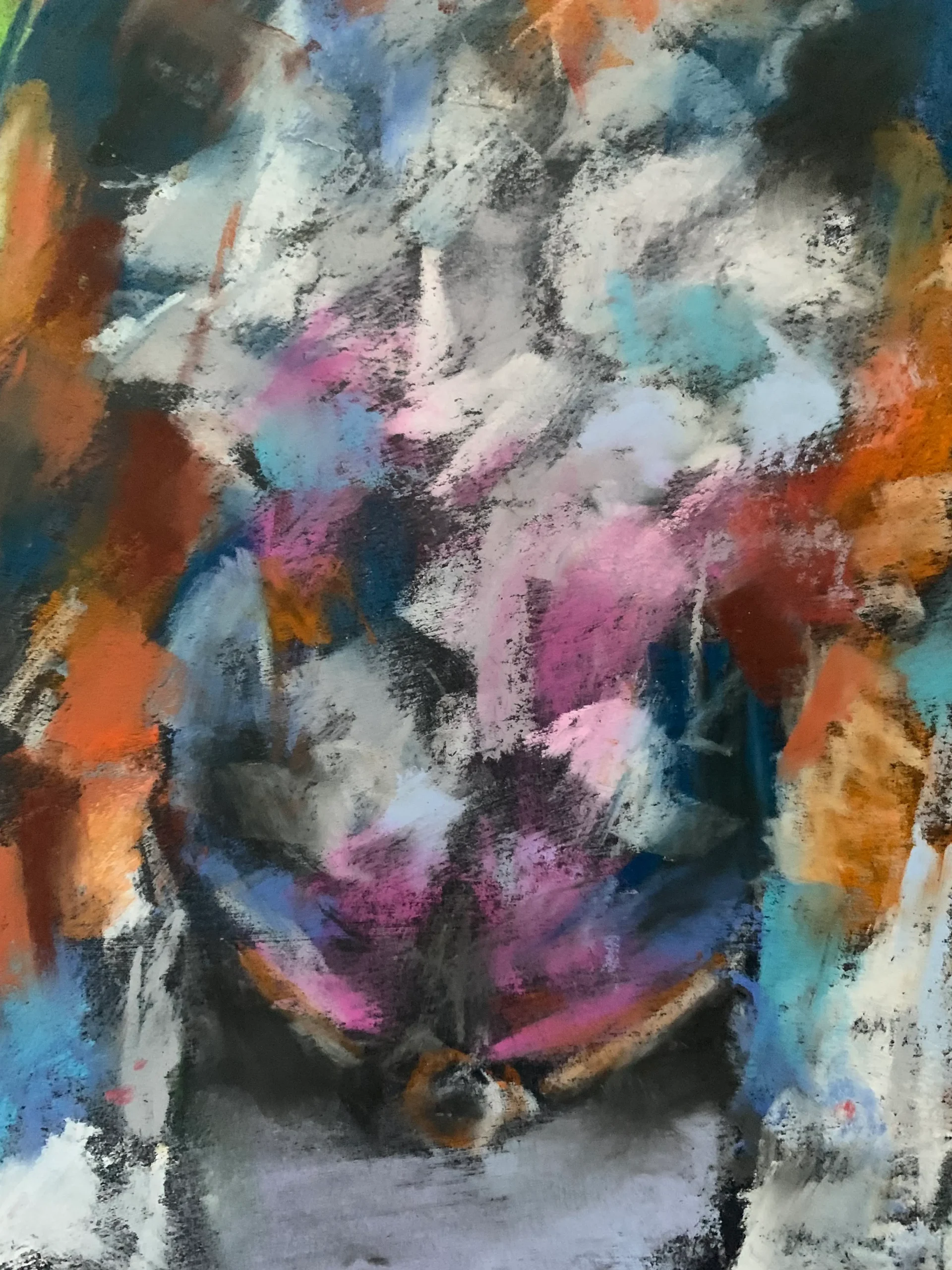 An original expressionist beagle puppy painting in soft pastel, depicting a sitting puppy with big brown eyes against a soft green, teal, and purple background.