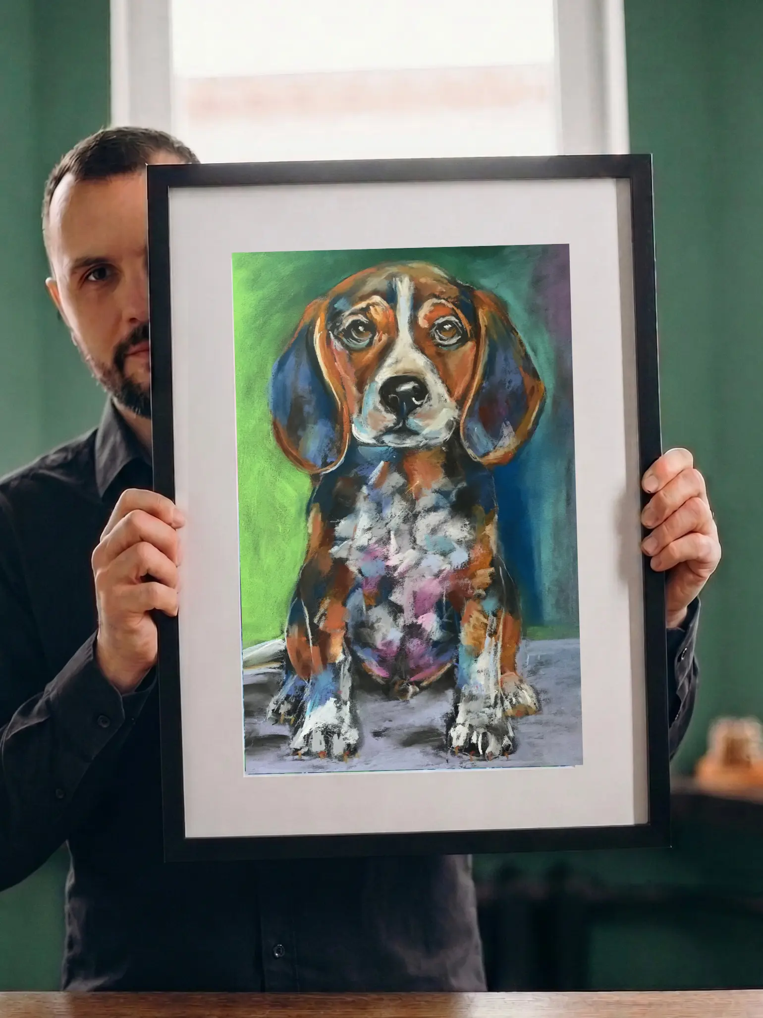 An original expressionist beagle puppy painting in soft pastel, depicting a sitting puppy with big brown eyes against a soft green, teal, and purple background.