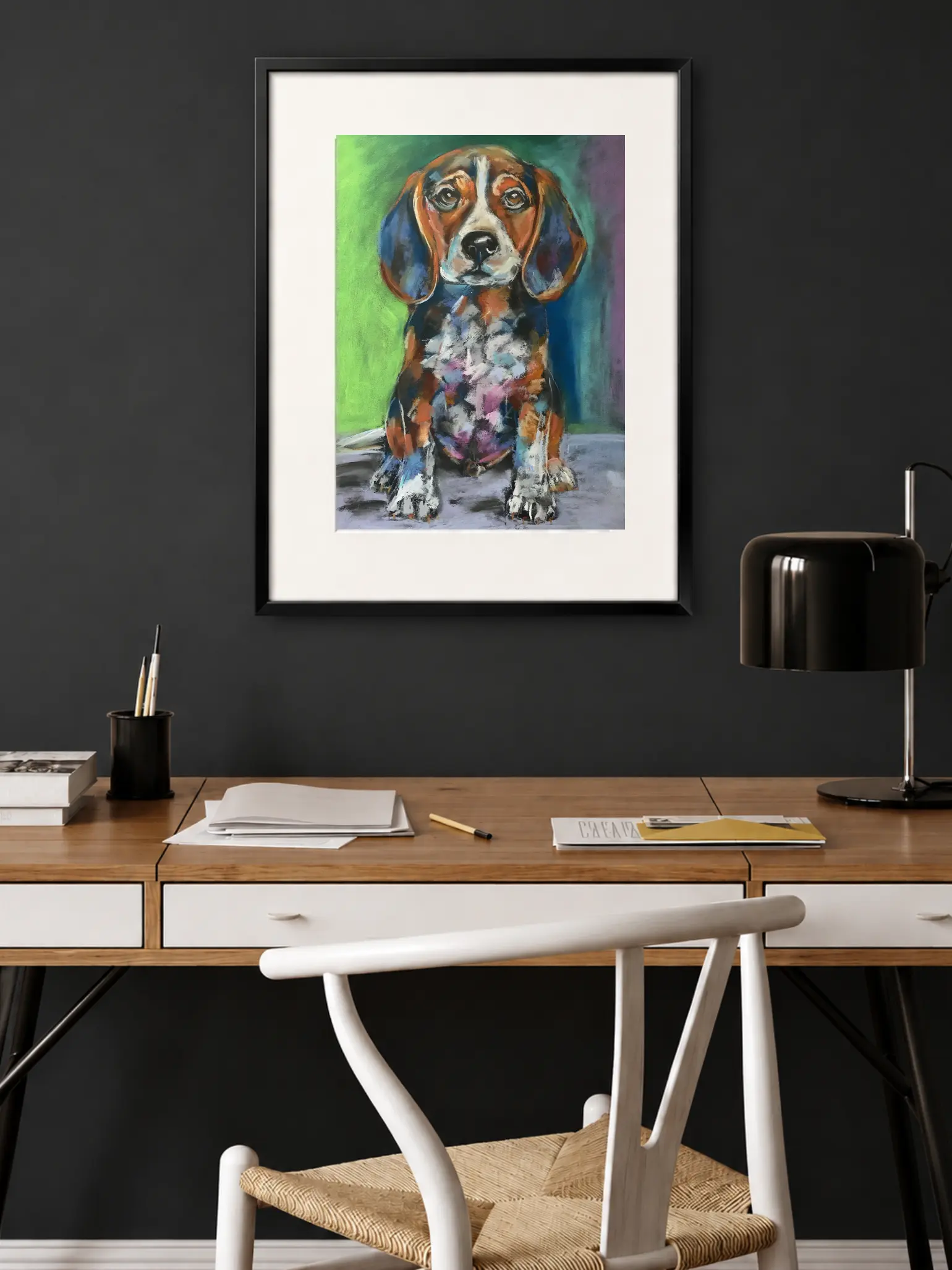 An original expressionist beagle puppy painting in soft pastel, depicting a sitting puppy with big brown eyes against a soft green, teal, and purple background.