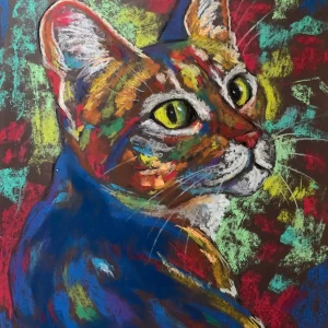An original expressionist Bengal cat portrait painting in soft pastel by Savchenko, showing a colorful cat looking over its shoulder with big green eyes against a mottled abstract background.