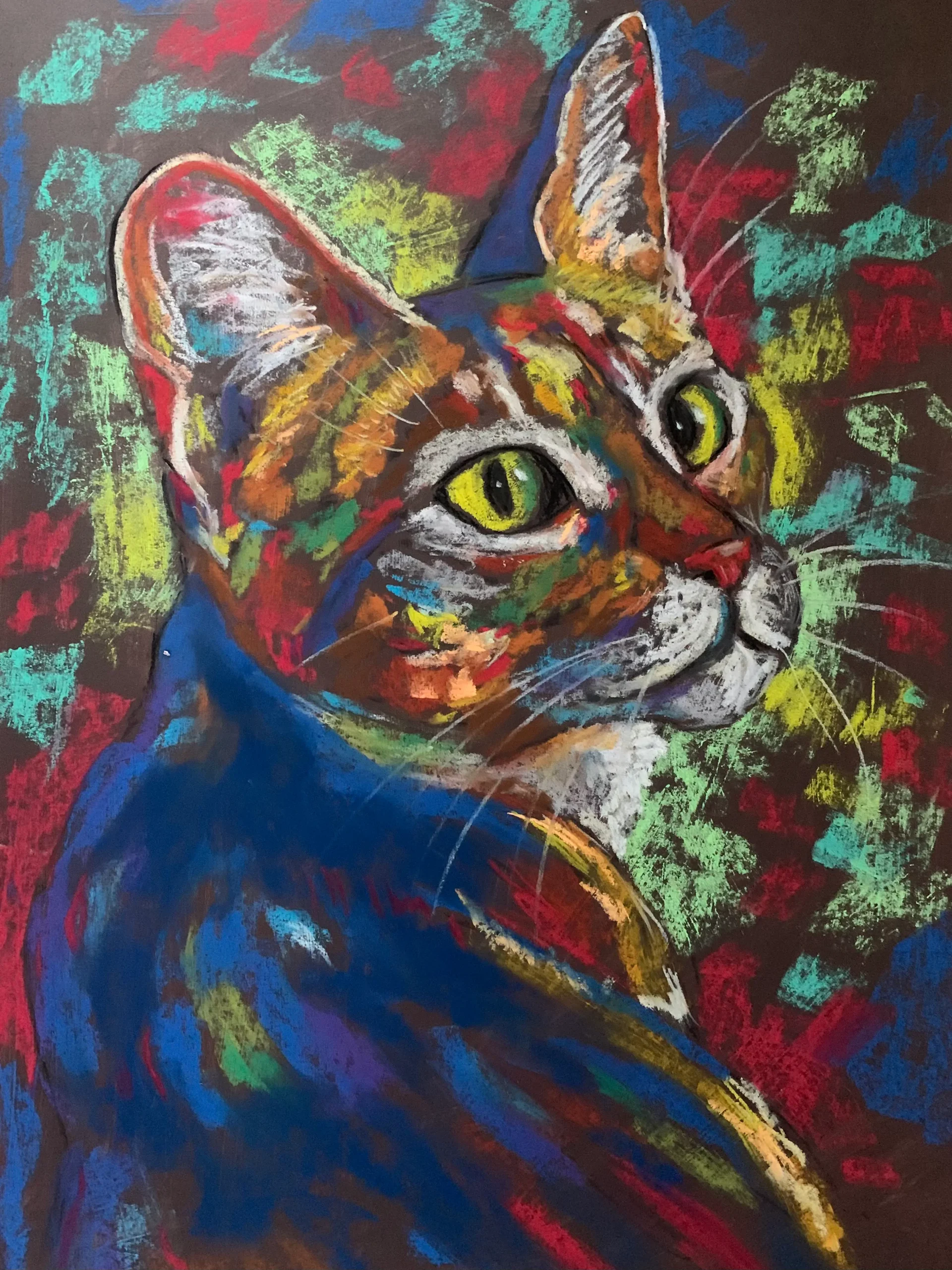 An original expressionist Bengal cat portrait painting in soft pastel by Savchenko, showing a colorful cat looking over its shoulder with big green eyes against a mottled abstract background.