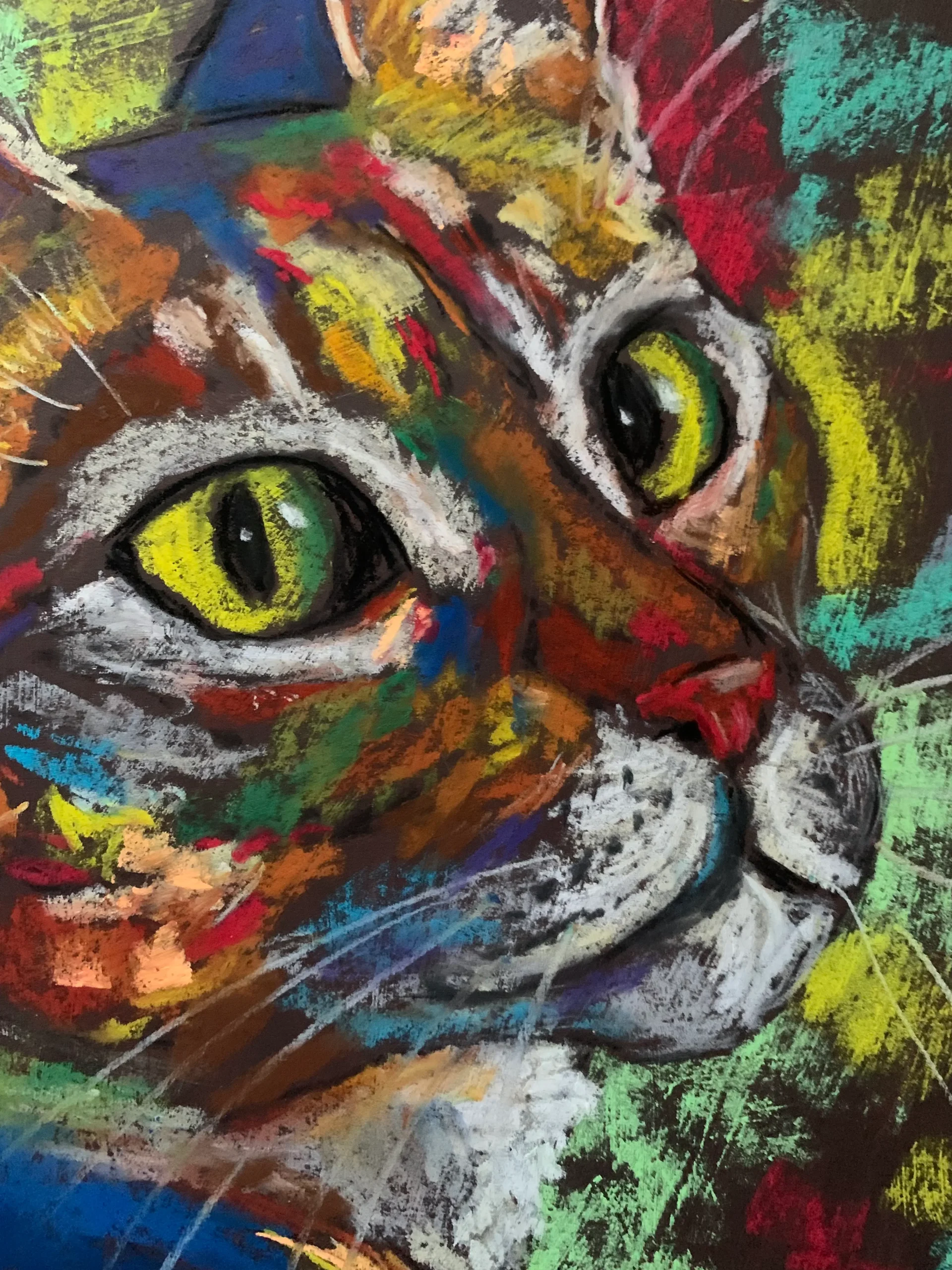 An original expressionist Bengal cat portrait painting in soft pastel by Savchenko, showing a colorful cat looking over its shoulder with big green eyes against a mottled abstract background.