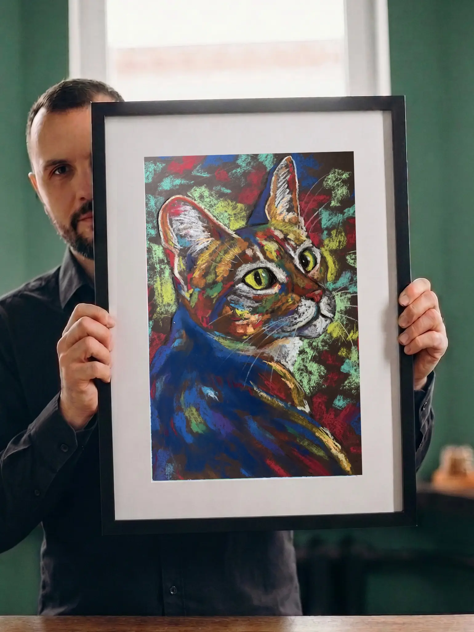 An original expressionist Bengal cat portrait painting in soft pastel by Savchenko, showing a colorful cat looking over its shoulder with big green eyes against a mottled abstract background.