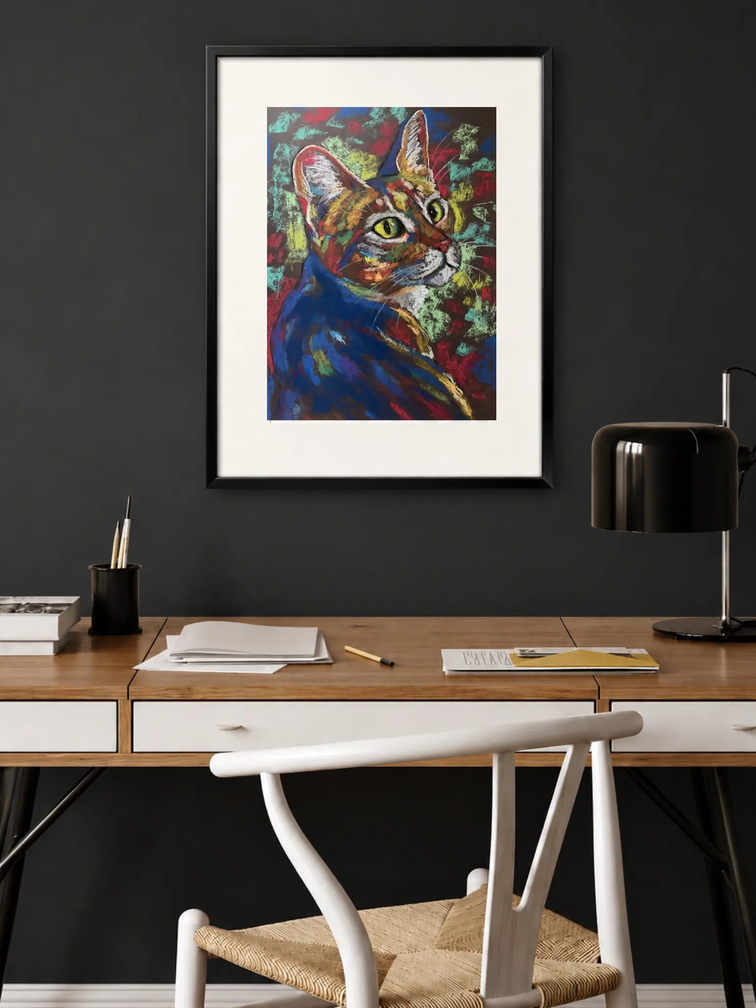 An original expressionist Bengal cat portrait painting in soft pastel by Savchenko, showing a colorful cat looking over its shoulder with big green eyes against a mottled abstract background.