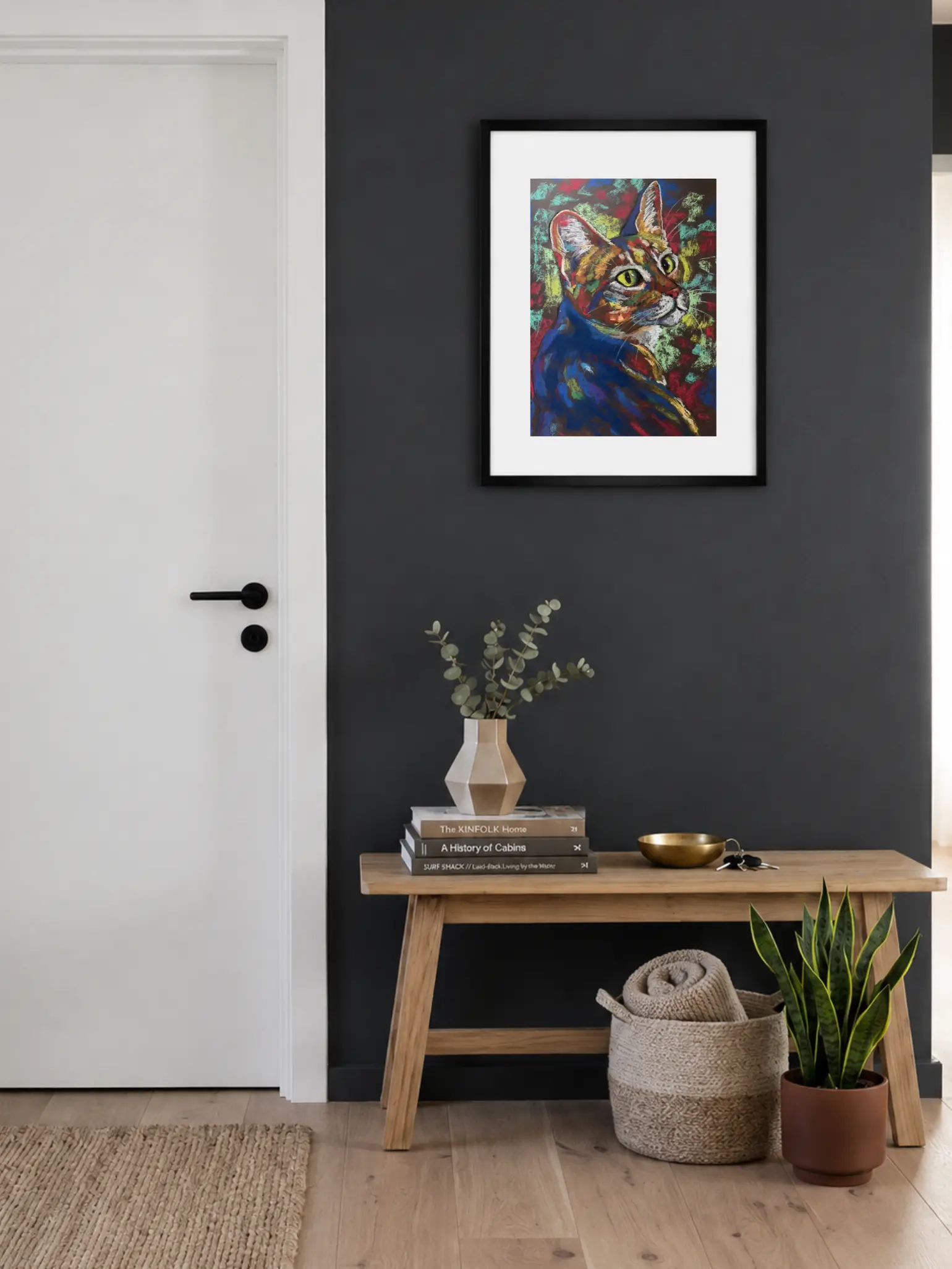An original expressionist Bengal cat portrait painting in soft pastel by Savchenko, showing a colorful cat looking over its shoulder with big green eyes against a mottled abstract background.