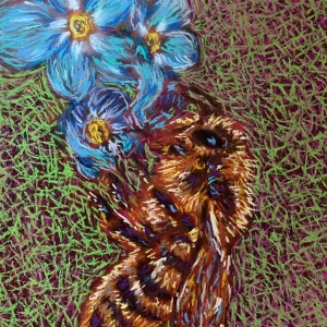 An original expressionist bumblebee painting in soft pastel, depicting a fuzzy golden-brown bee next to bright blue flowers on a textured green and purple background.
