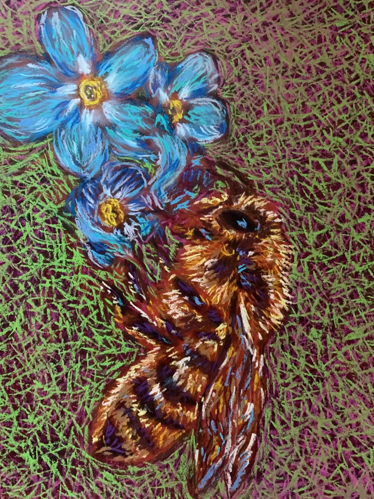 An original expressionist bumblebee painting in soft pastel, depicting a fuzzy golden-brown bee next to bright blue flowers on a textured green and purple background.