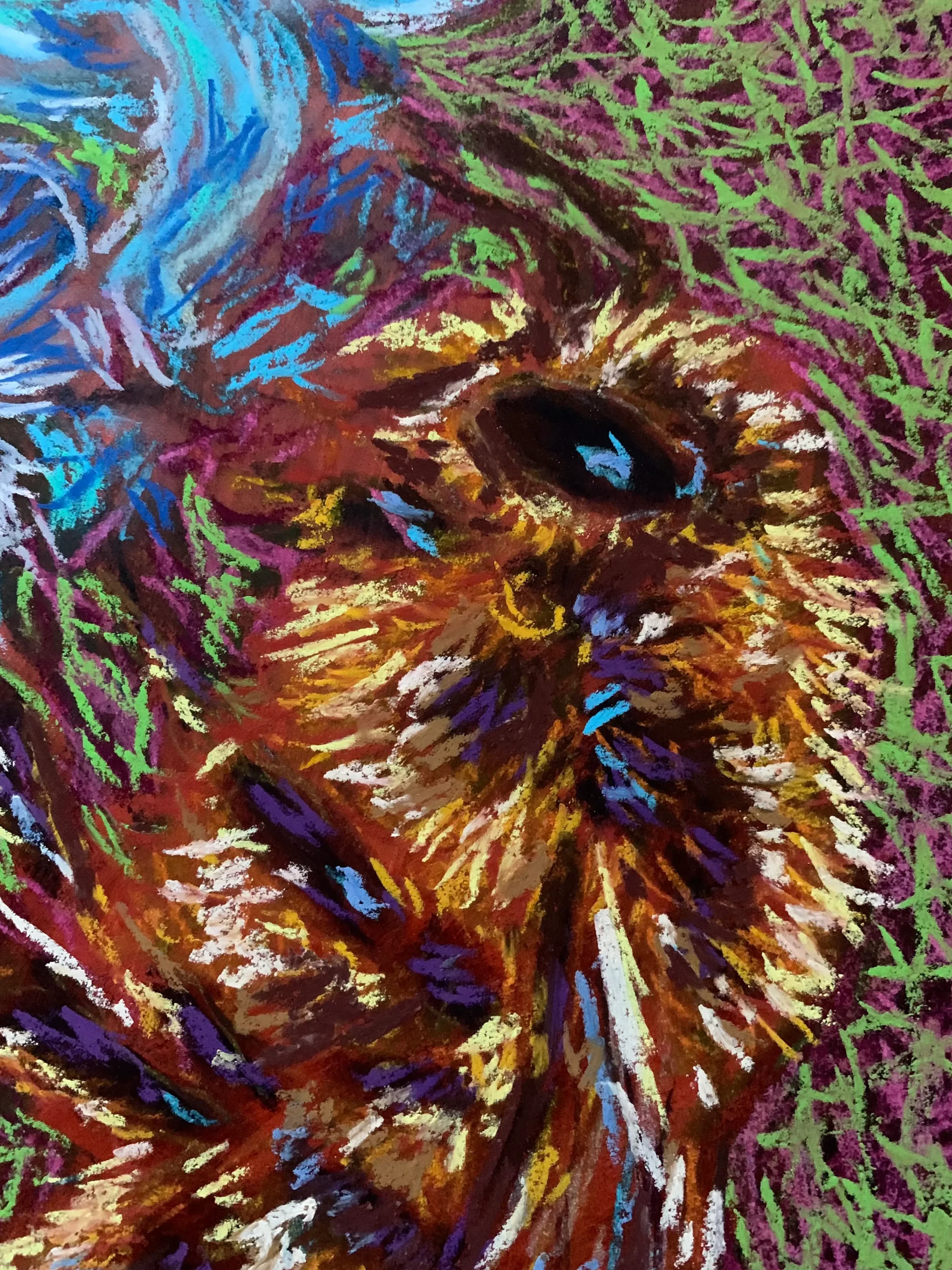 An original expressionist bumblebee painting in soft pastel, depicting a fuzzy golden-brown bee next to bright blue flowers on a textured green and purple background.