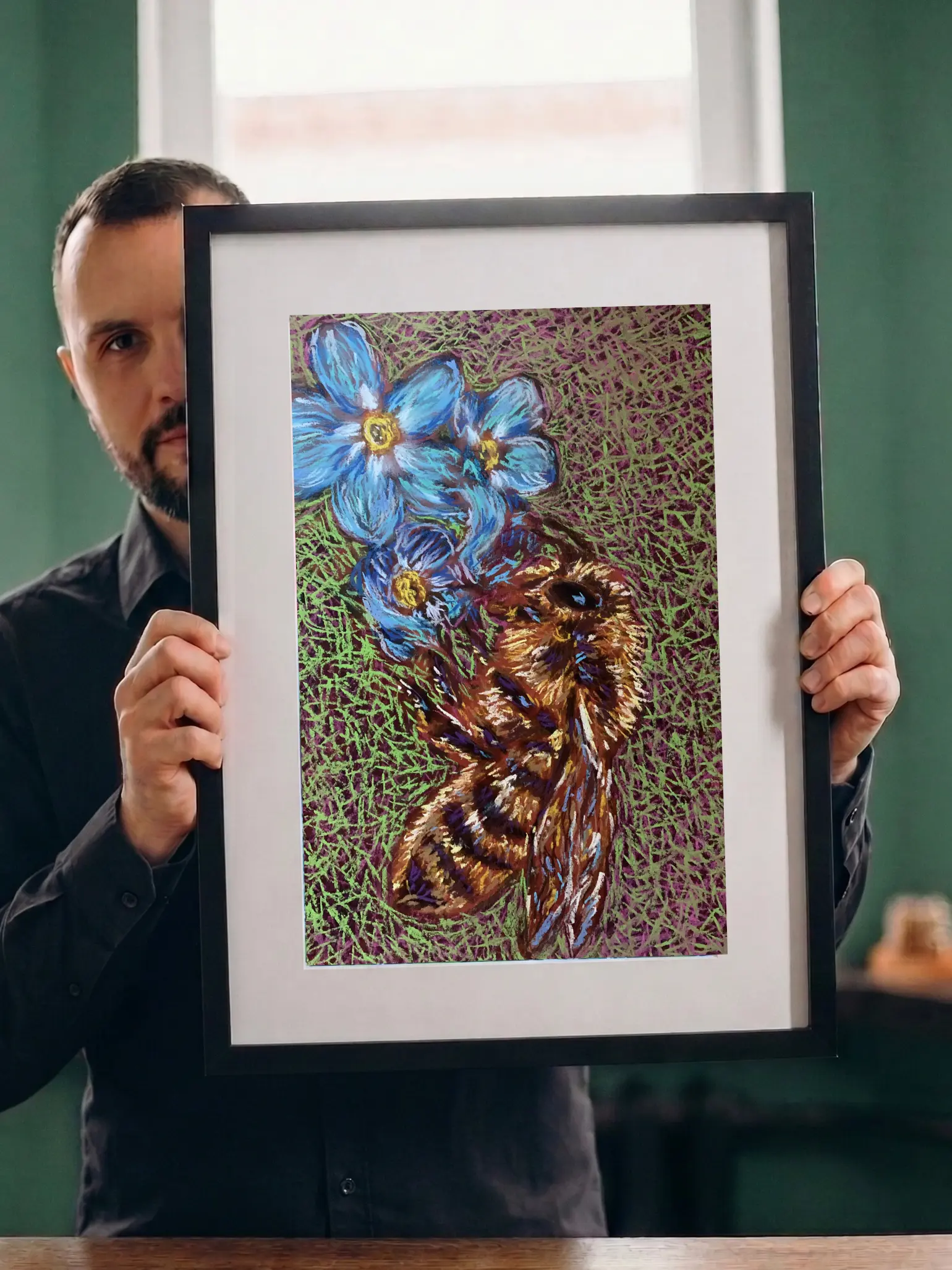 An original expressionist bumblebee painting in soft pastel, depicting a fuzzy golden-brown bee next to bright blue flowers on a textured green and purple background.