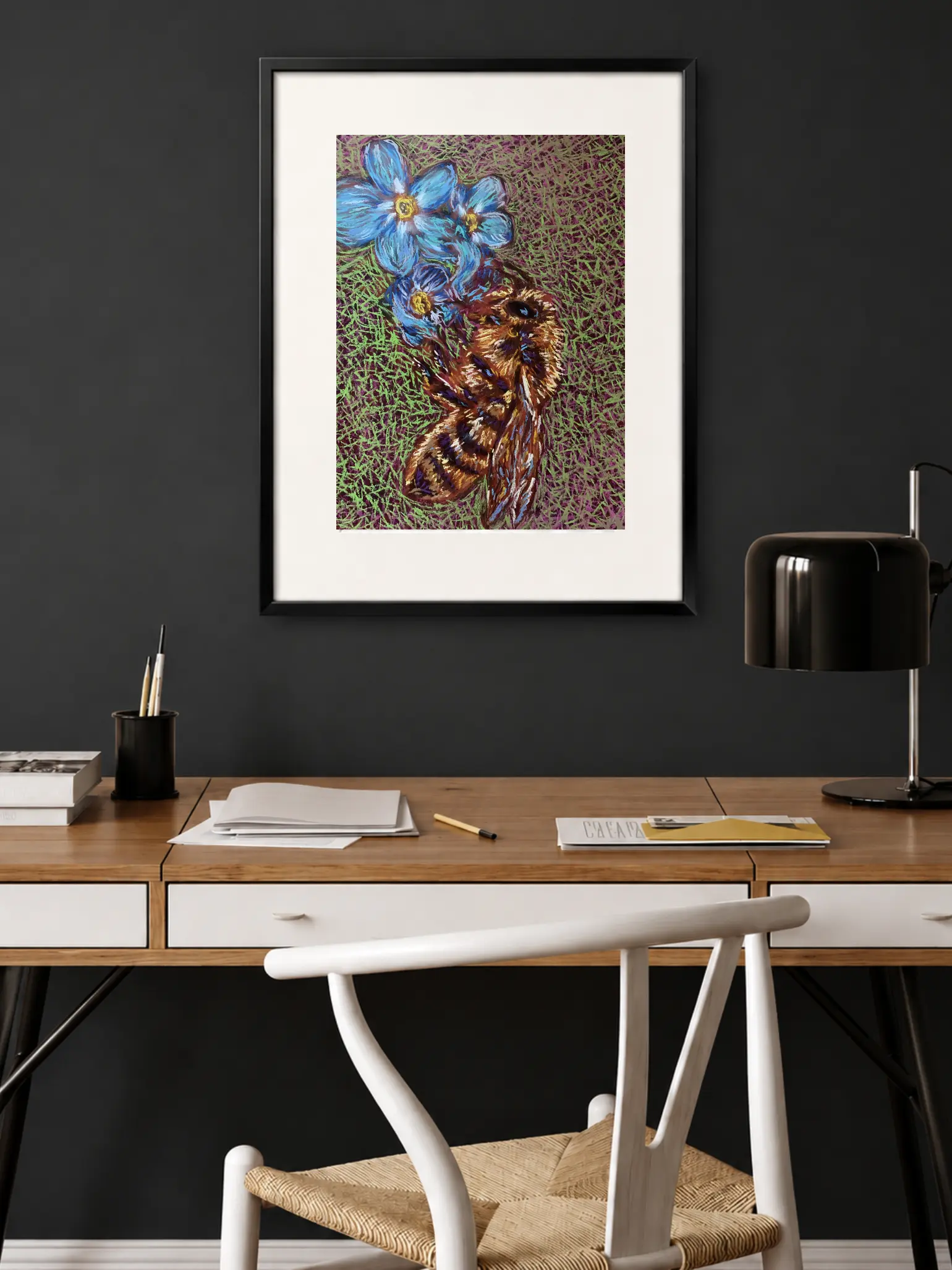 An original expressionist bumblebee painting in soft pastel, depicting a fuzzy golden-brown bee next to bright blue flowers on a textured green and purple background.