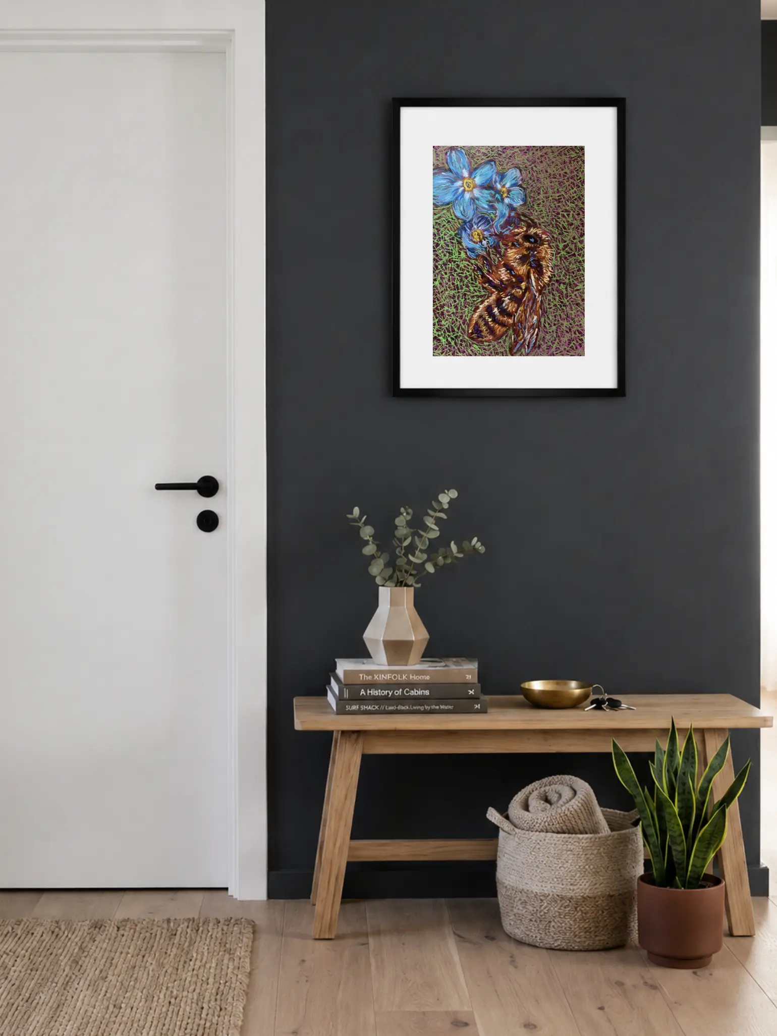 An original expressionist bumblebee painting in soft pastel, depicting a fuzzy golden-brown bee next to bright blue flowers on a textured green and purple background.