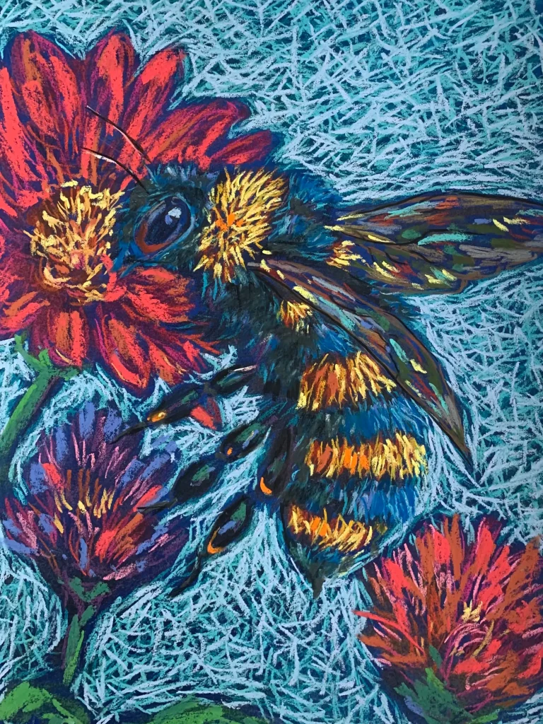 Expressionist bumblebee on flowers, original pastel paintings