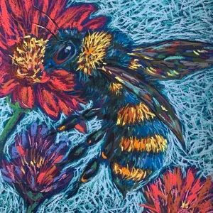 A vibrant expressionist bumblebee painting in soft pastel, showing a furry yellow and blue bee on a bold red flower.