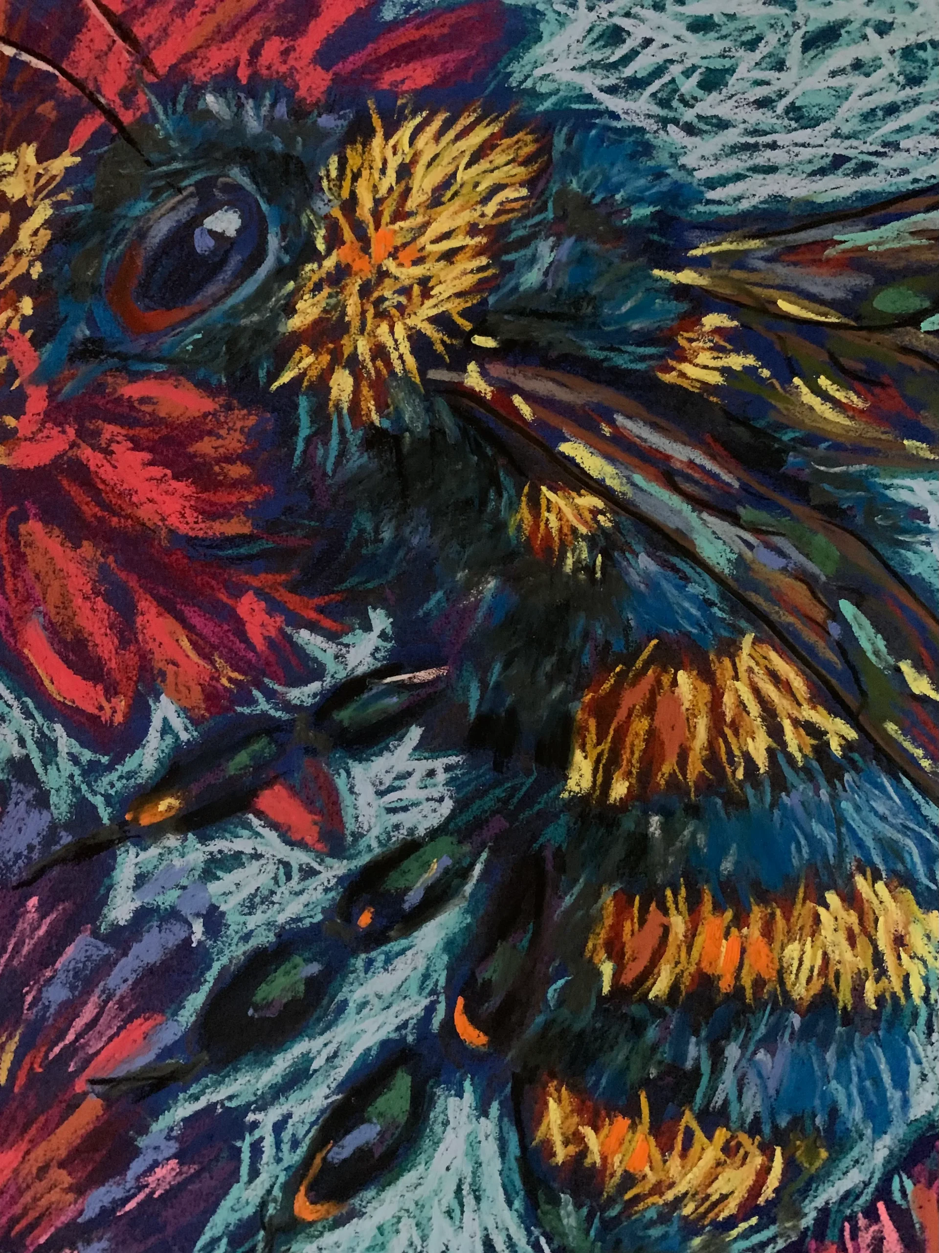 A vibrant expressionist bumblebee painting in soft pastel, showing a furry yellow and blue bee on a bold red flower.