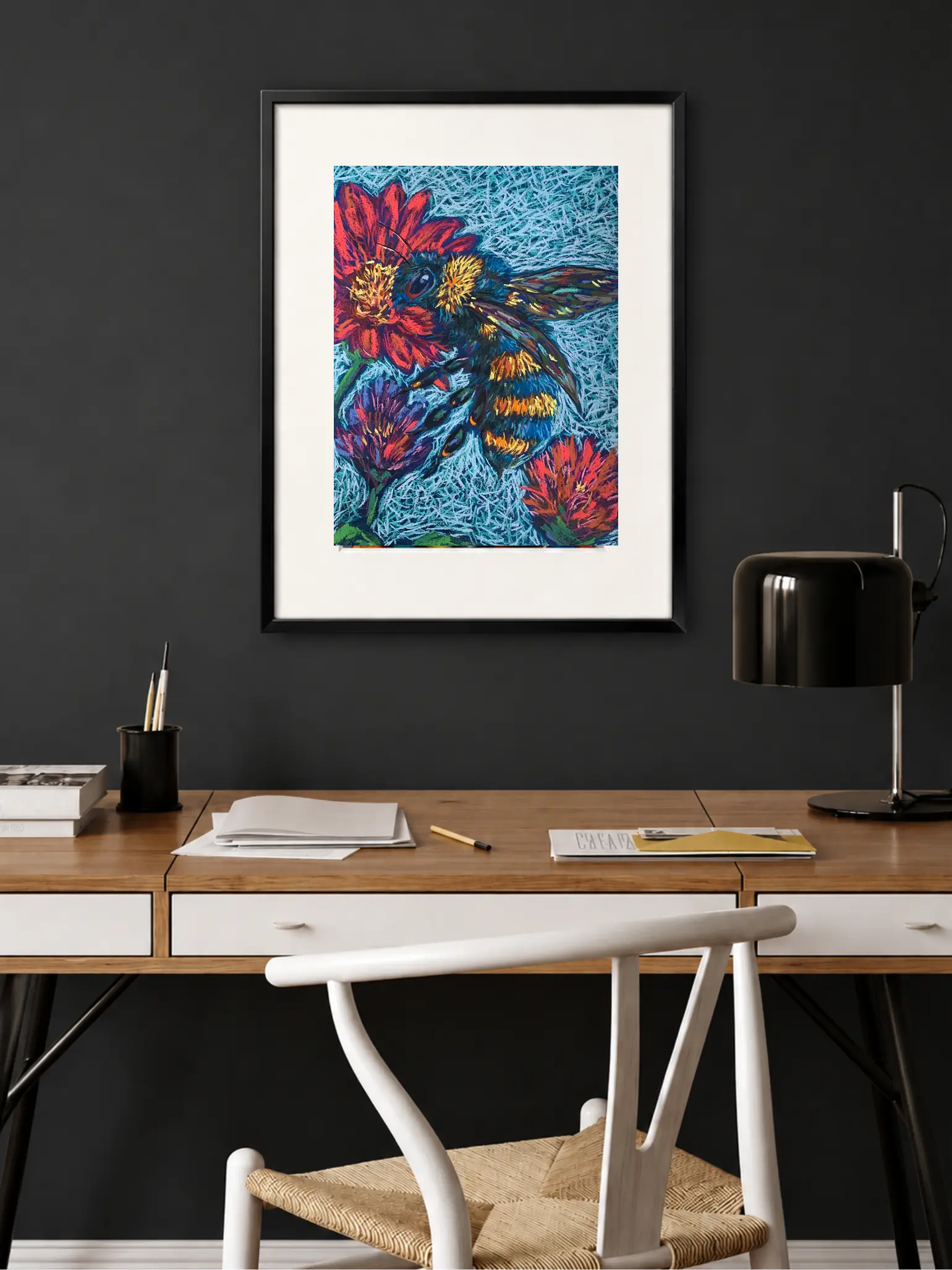 A vibrant expressionist bumblebee painting in soft pastel, showing a furry yellow and blue bee on a bold red flower.