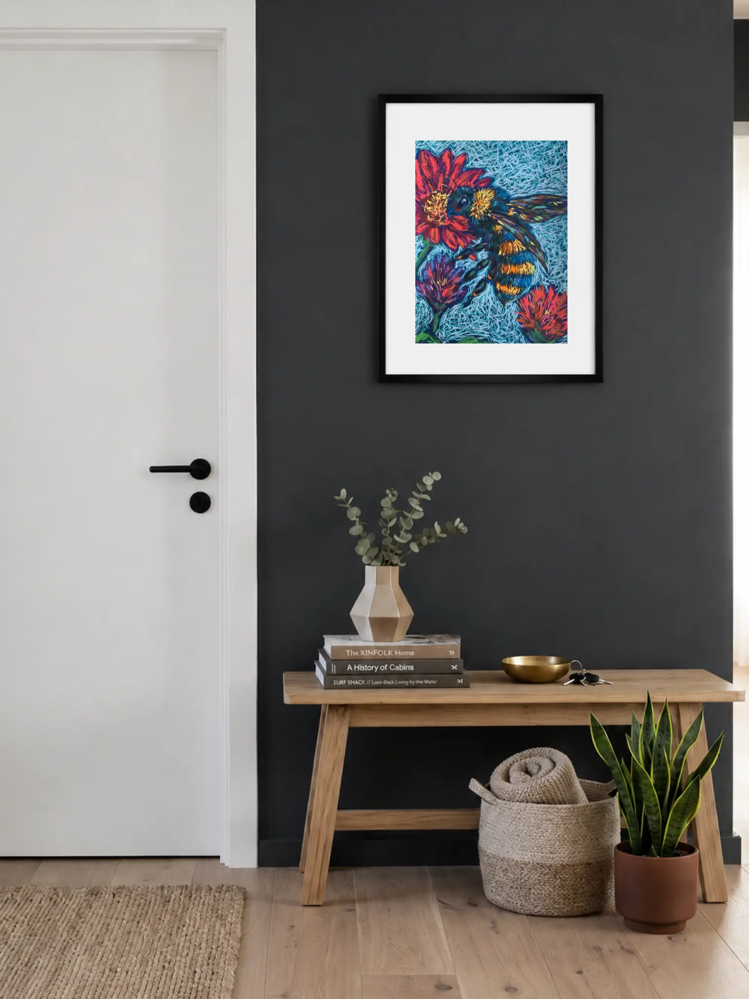 A vibrant expressionist bumblebee painting in soft pastel, showing a furry yellow and blue bee on a bold red flower.