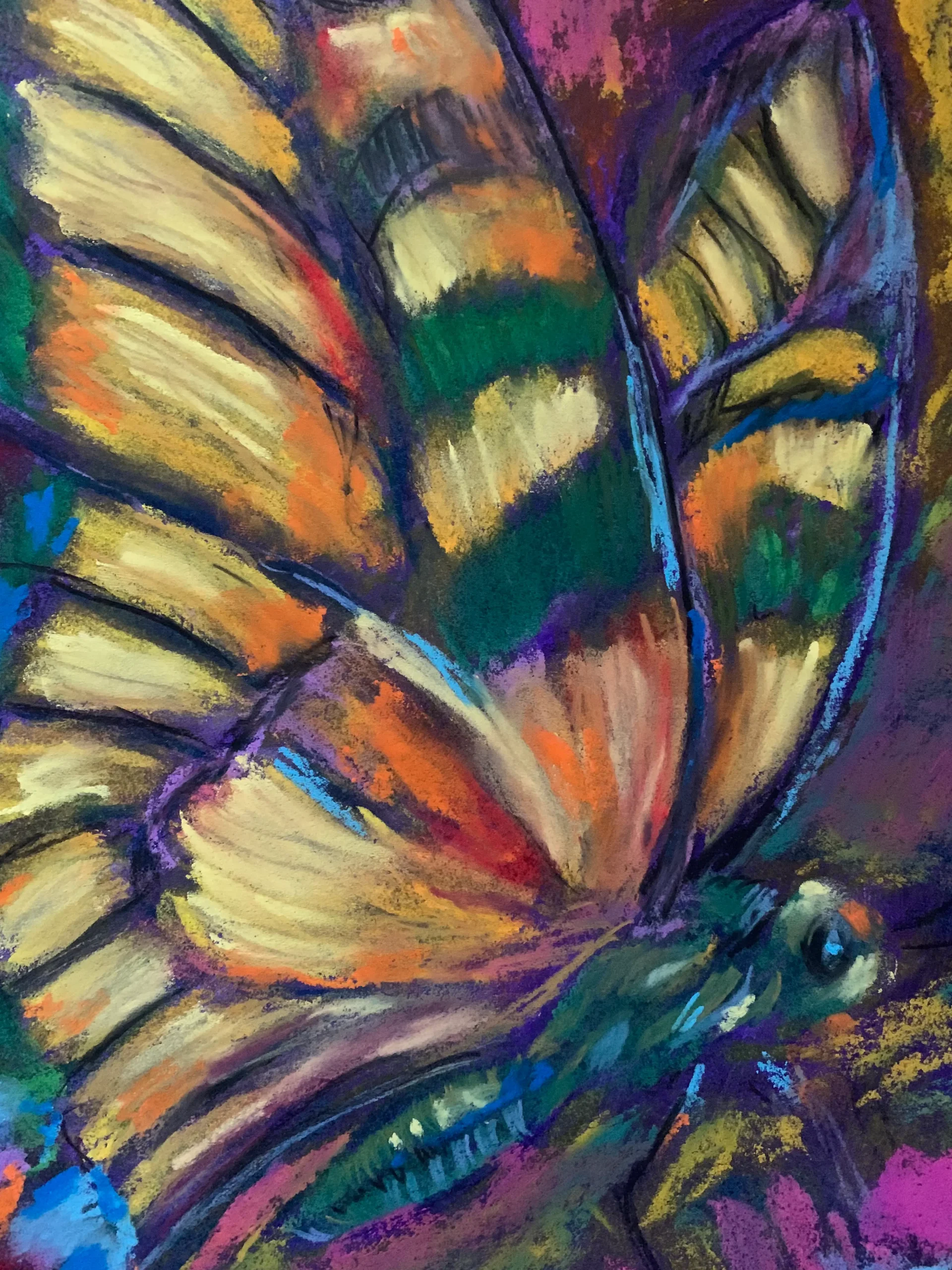 An original expressionist butterfly painting in soft pastel, depicting a vibrant multicolored swallowtail butterfly resting on a colorful background.