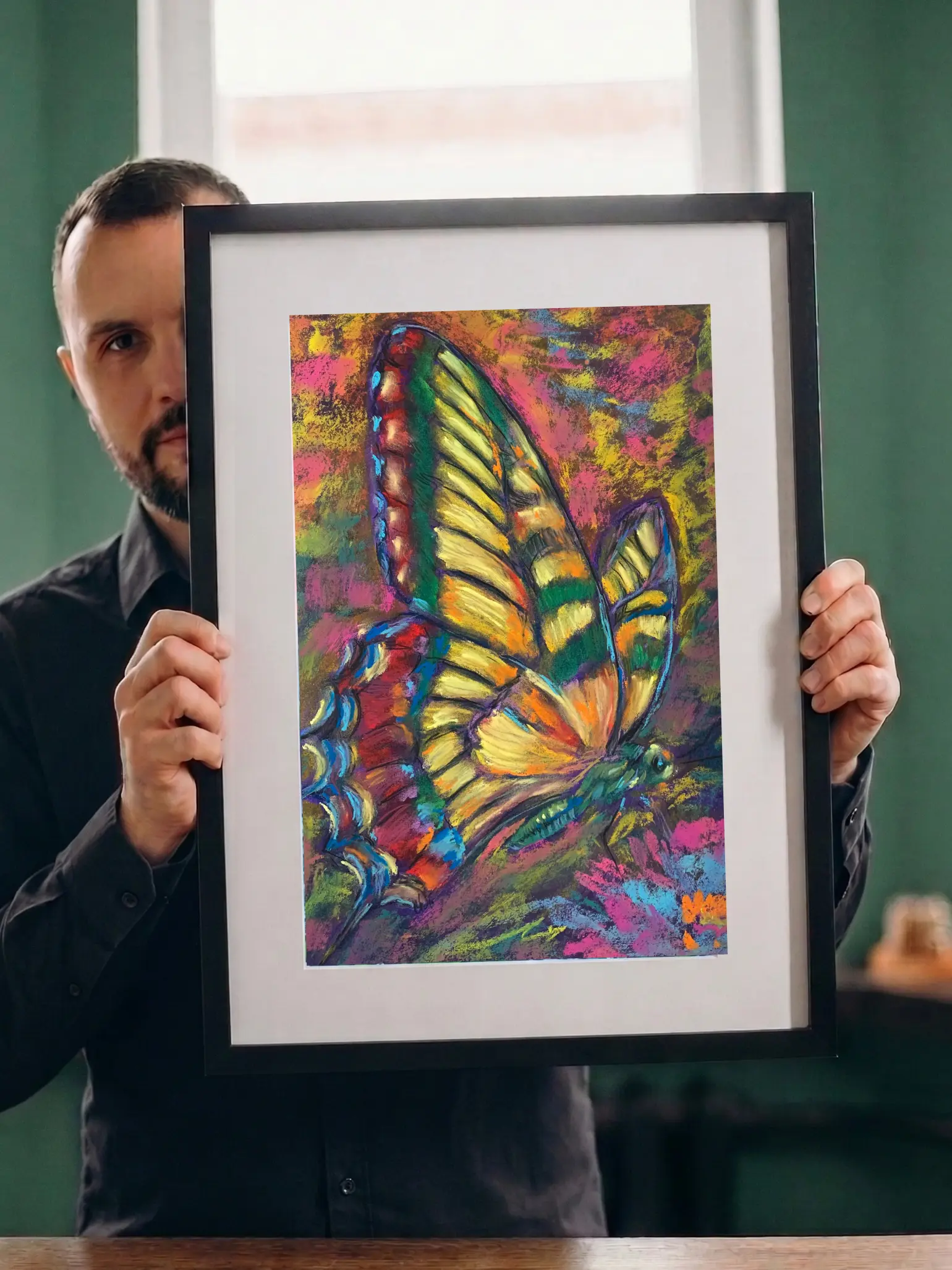 An original expressionist butterfly painting in soft pastel, depicting a vibrant multicolored swallowtail butterfly resting on a colorful background.