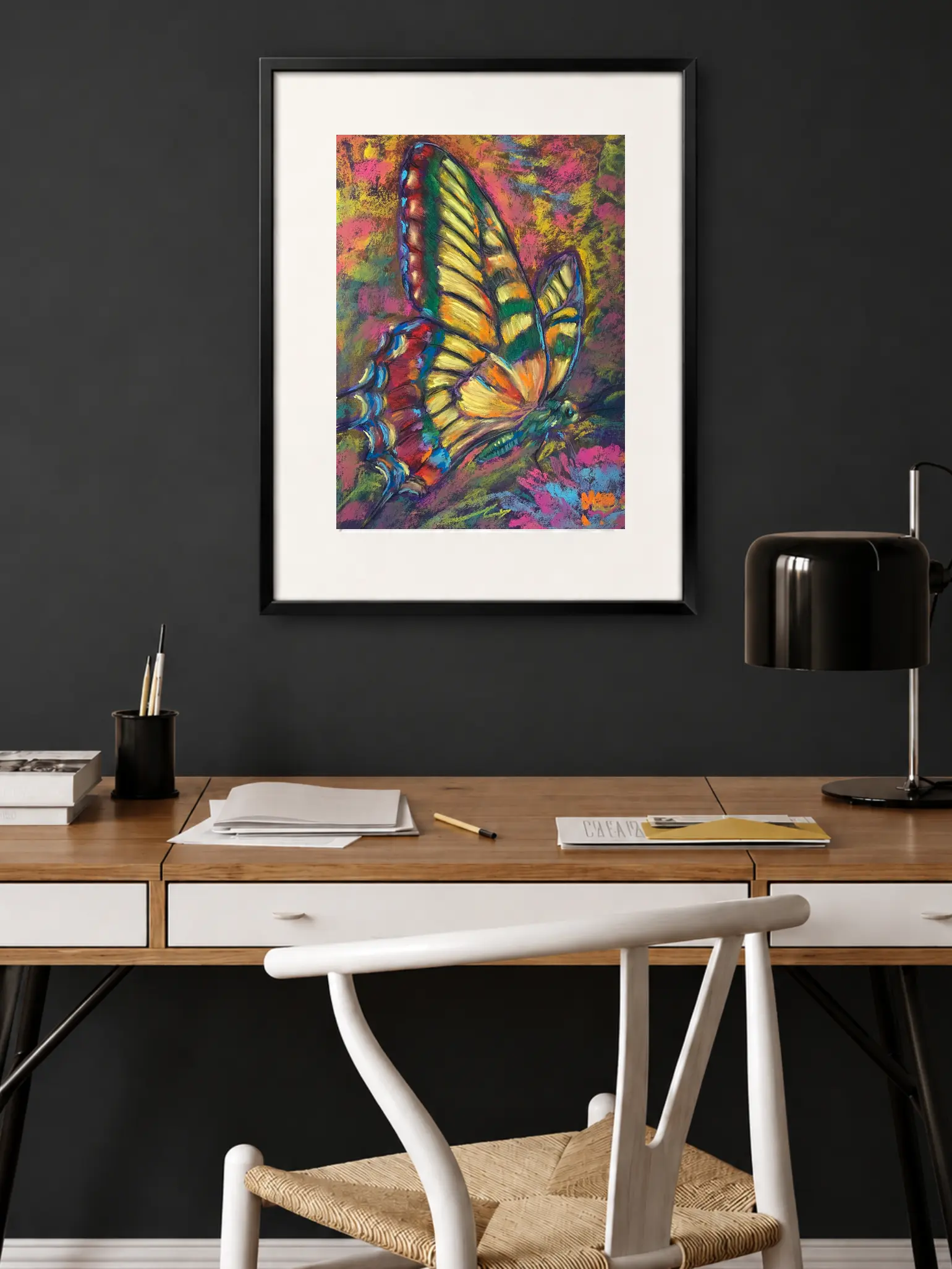 An original expressionist butterfly painting in soft pastel, depicting a vibrant multicolored swallowtail butterfly resting on a colorful background.
