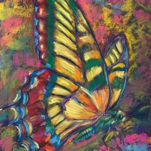 An original expressionist butterfly painting in soft pastel, depicting a vibrant multicolored swallowtail butterfly resting on a colorful background.