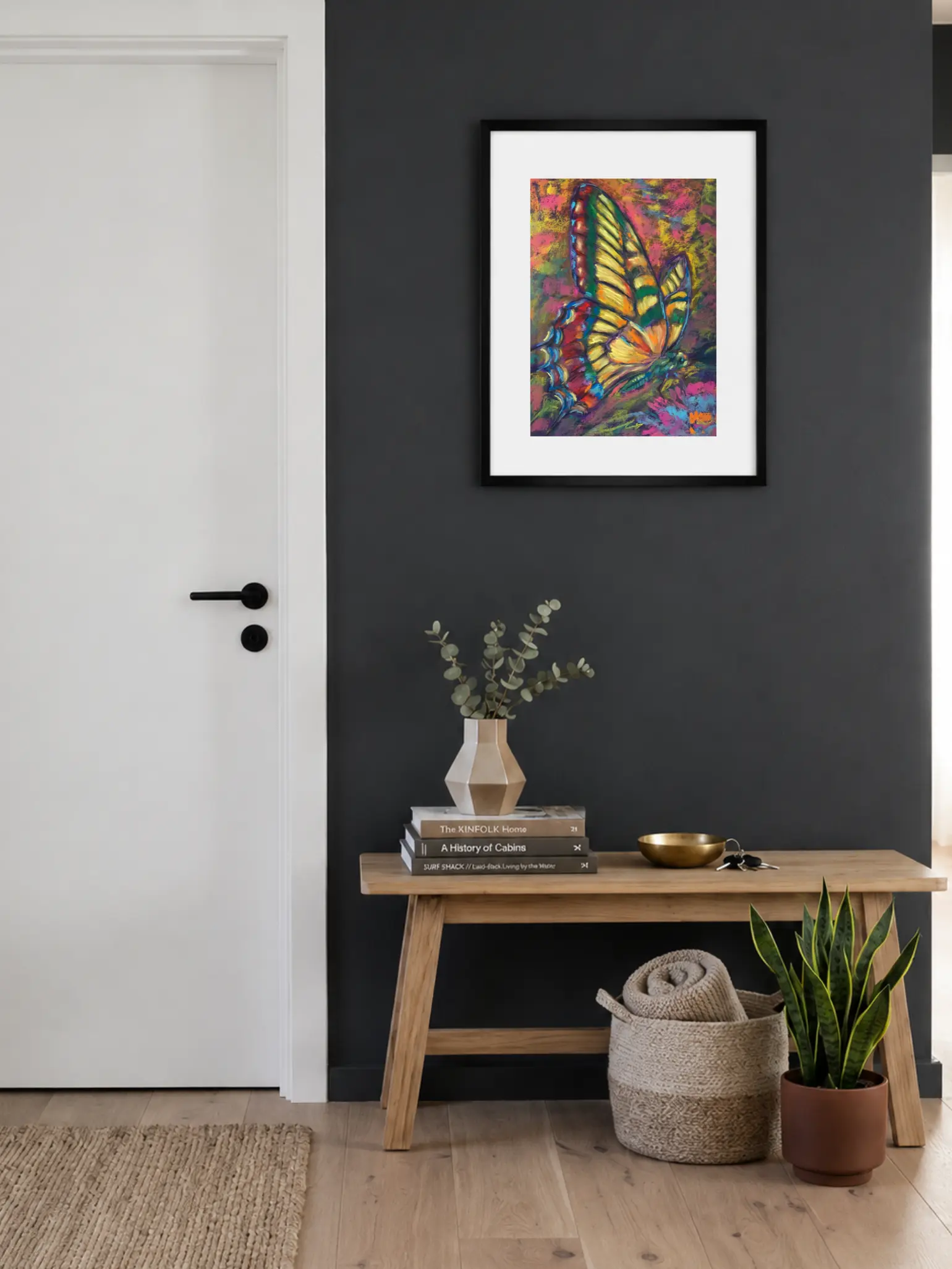 An original expressionist butterfly painting in soft pastel, depicting a vibrant multicolored swallowtail butterfly resting on a colorful background.