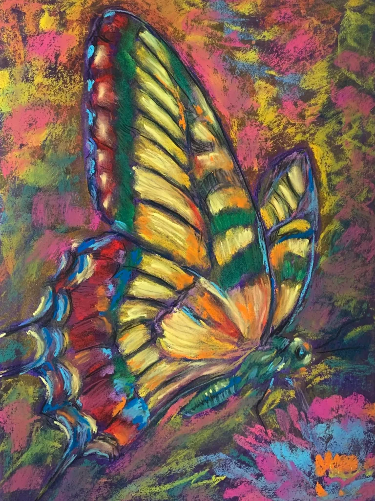 An original expressionist butterfly painting in soft pastel, depicting a vibrant multicolored swallowtail butterfly resting on a colorful background.