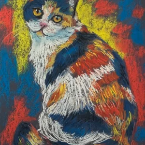 An original expressionist calico cat painting in soft pastel, showcasing a textured tricolor cat with yellow eyes against a vibrant blue, red, and yellow background.