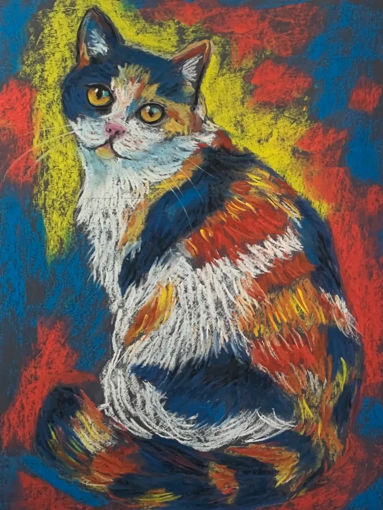 Calico Cat — original expressionist pastel painting by Volodymyr Savchenko