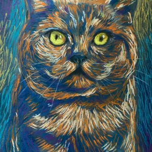 An original expressionist British Shorthair cat painting in soft pastel by Savchenko, depicting a round-faced ginger and blue cat with big yellow eyes.