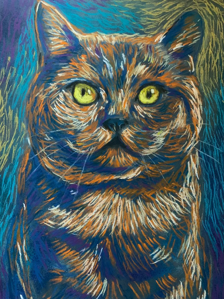 An original expressionist British Shorthair cat painting in soft pastel by Savchenko, depicting a round-faced ginger and blue cat with big yellow eyes.