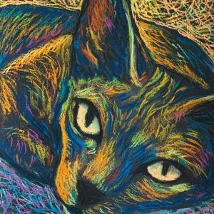 An original expressionist cat portrait painting in soft pastel, showcasing a colorful cat face with piercing yellow-green eyes and textured strokes.