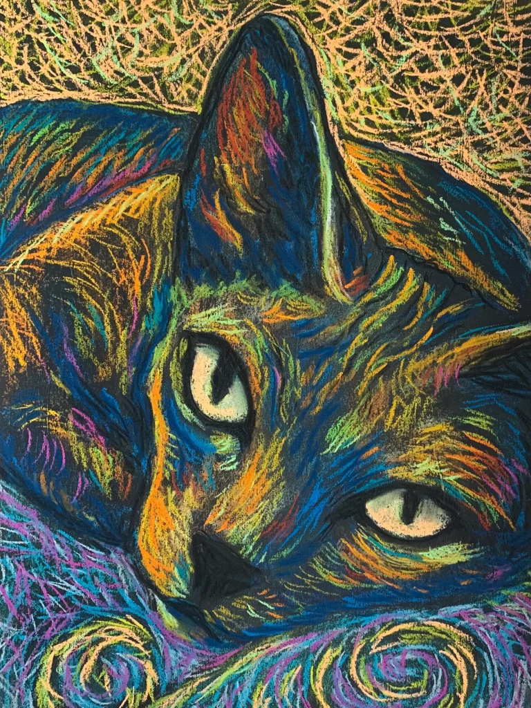 An original expressionist cat portrait painting in soft pastel, showcasing a colorful cat face with piercing yellow-green eyes and textured strokes.