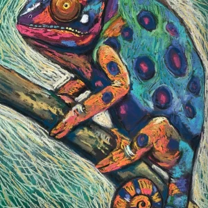An original expressionist chameleon lizard painting in soft pastel, depicting a colorful spotted reptile perched on a branch with a curled tail.