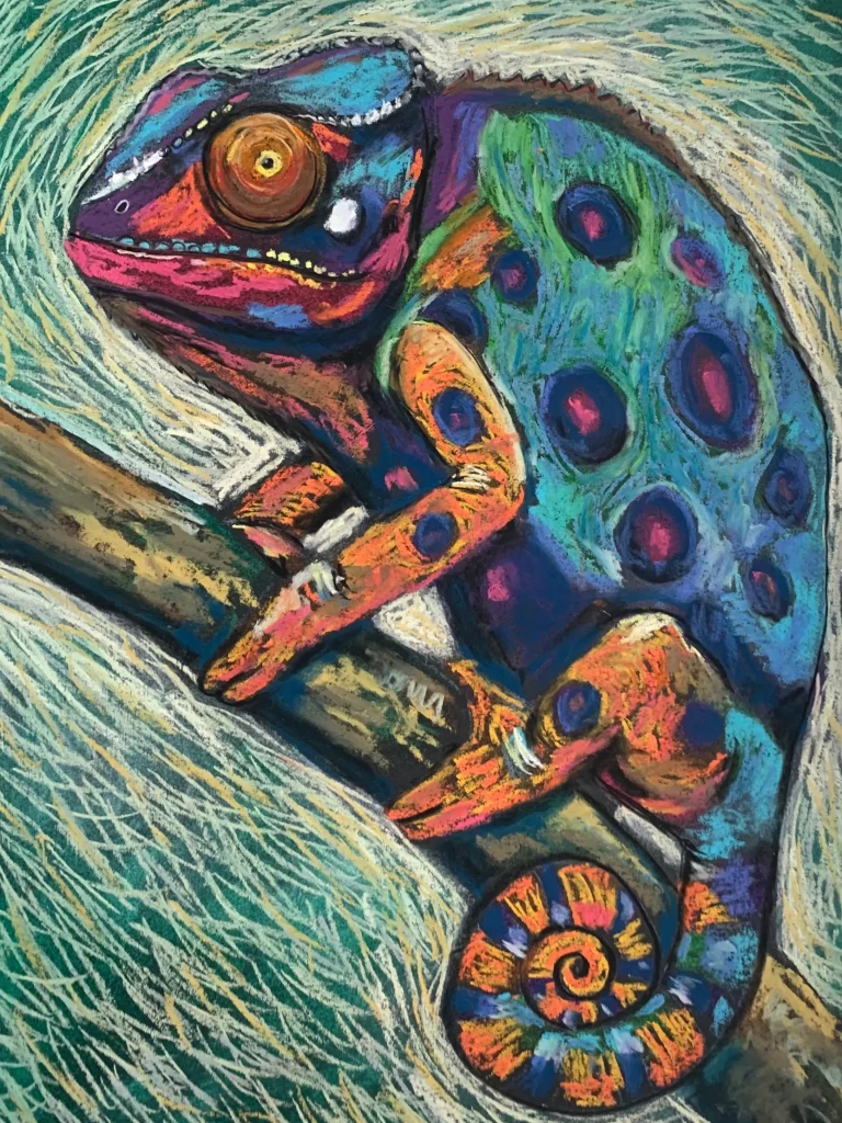 An original expressionist chameleon lizard painting in soft pastel, depicting a colorful spotted reptile perched on a branch with a curled tail.