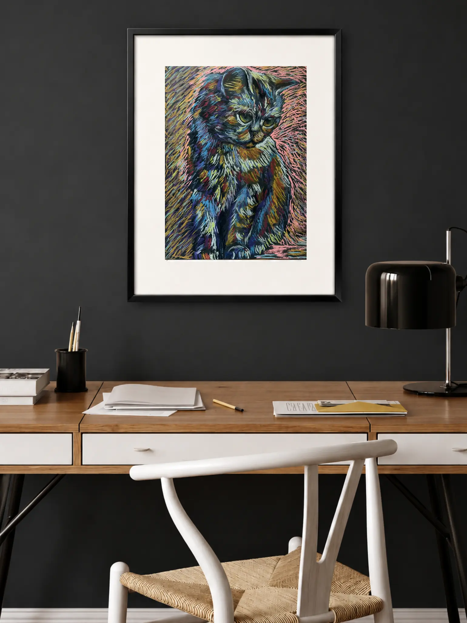 An original Expressionist Colorful Cat Painting in soft pastel by Savchenko, depicting a sitting cat with green eyes and textured, vibrant fur in blue, orange, and purple strokes, against a dark paper background with pink highlights.