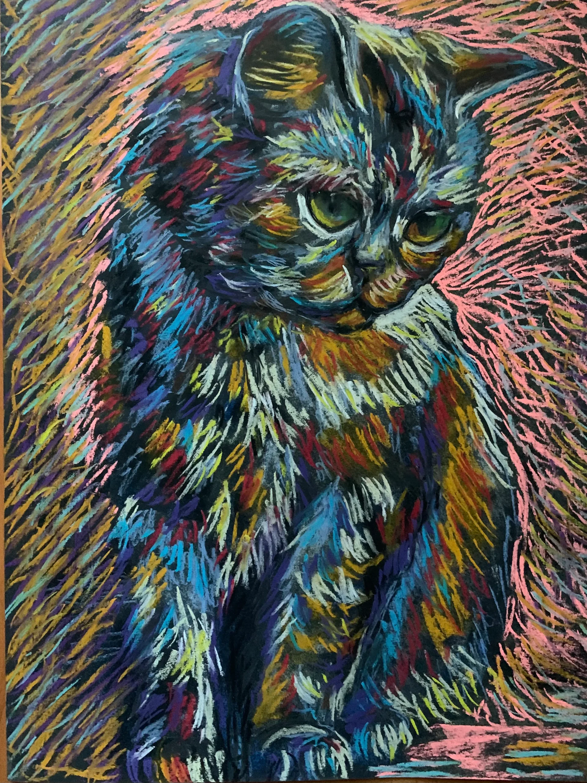 An original Expressionist Colorful Cat Painting in soft pastel by Savchenko, depicting a sitting cat with green eyes and textured, vibrant fur in blue, orange, and purple strokes, against a dark paper background with pink highlights.