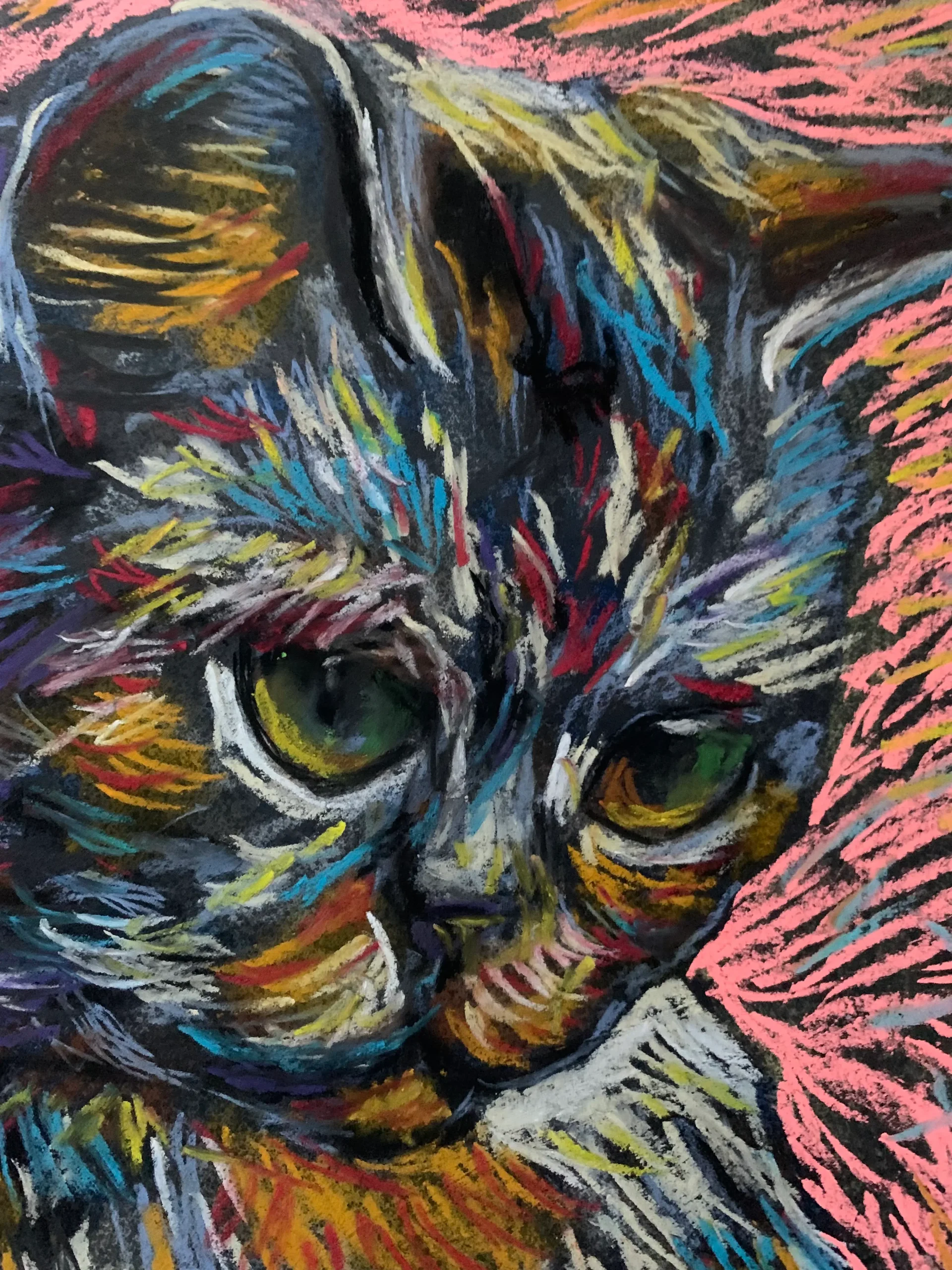 An original Expressionist Colorful Cat Painting in soft pastel by Savchenko, depicting a sitting cat with green eyes and textured, vibrant fur in blue, orange, and purple strokes, against a dark paper background with pink highlights.