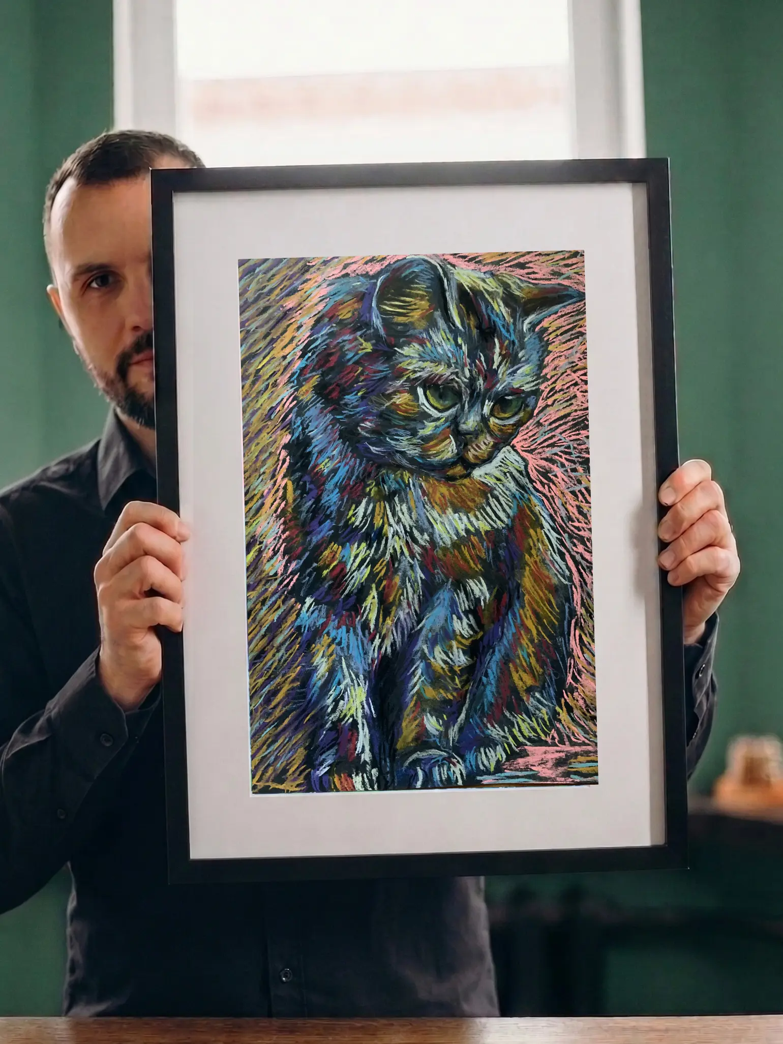An original Expressionist Colorful Cat Painting in soft pastel by Savchenko, depicting a sitting cat with green eyes and textured, vibrant fur in blue, orange, and purple strokes, against a dark paper background with pink highlights.