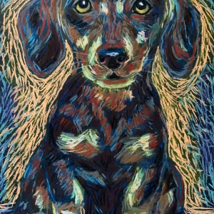 An original expressionist soft pastel painting by Savchenko of a dachshund puppy portrait, featuring bold purple, brown, and green textured strokes against a solid green background.