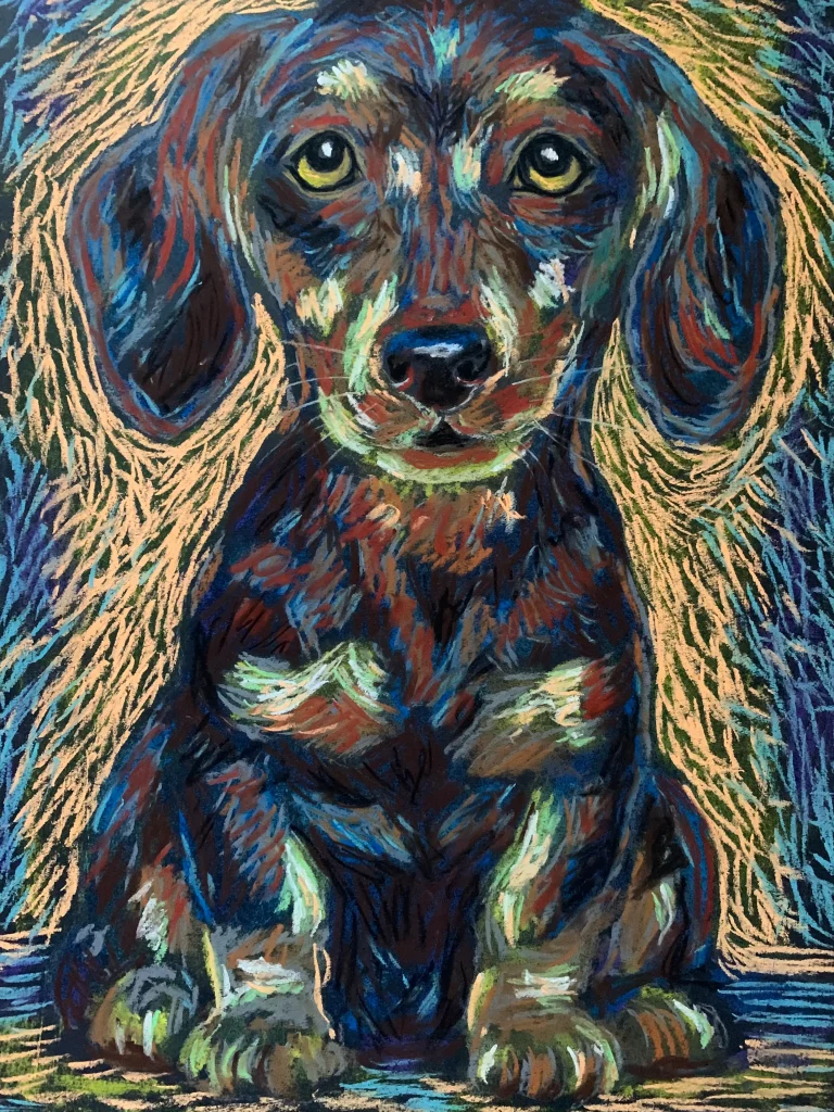 An original expressionist soft pastel painting by Savchenko of a dachshund puppy portrait, featuring bold purple, brown, and green textured strokes against a solid green background.