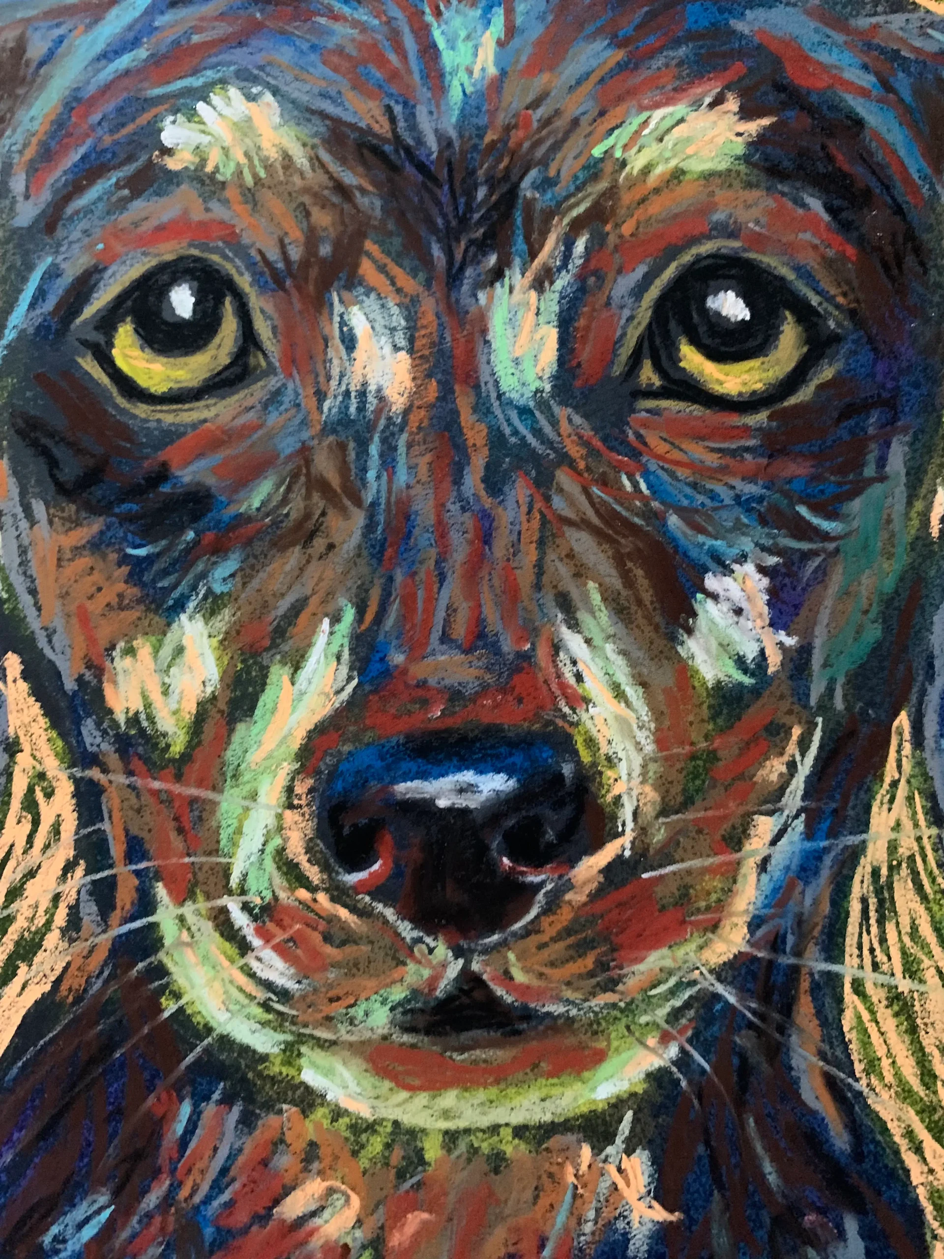 An original expressionist soft pastel painting by Savchenko of a dachshund puppy portrait, featuring bold purple, brown, and green textured strokes against a solid green background.