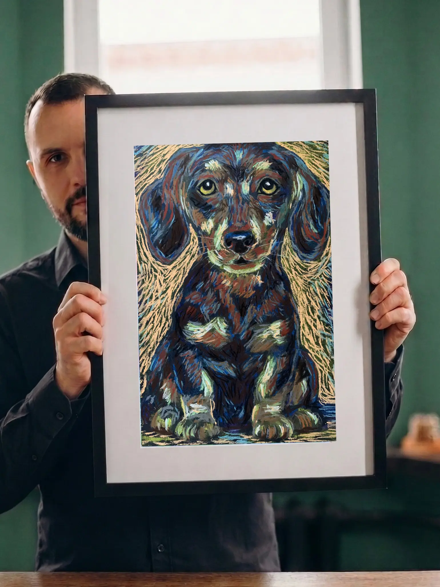 An original expressionist soft pastel painting by Savchenko of a dachshund puppy portrait, featuring bold purple, brown, and green textured strokes against a solid green background.